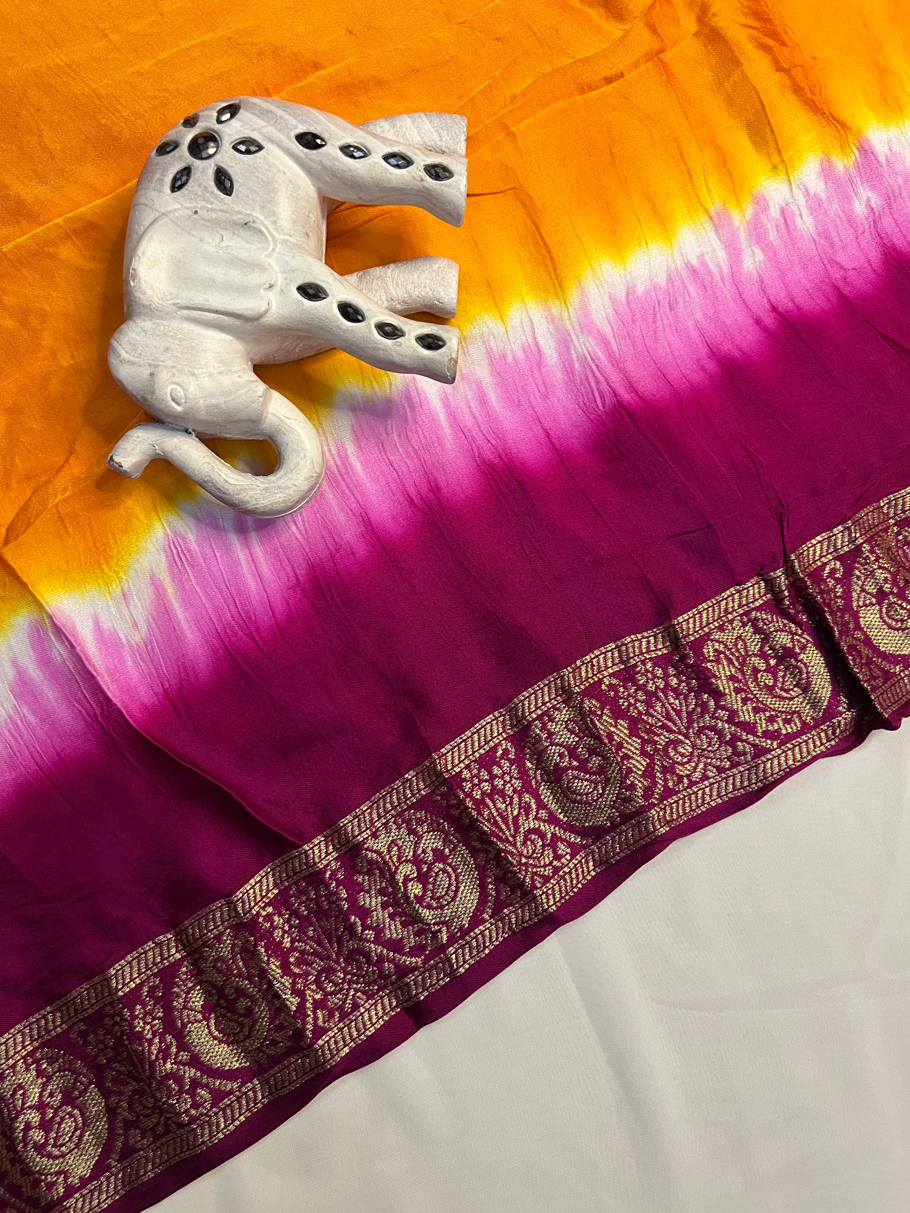 Tri-Colour (Pink, White, and Yellow) Modal Gajji Silk Saree - Ethically Made, Vibrant Blend - Anita Jain Fashions