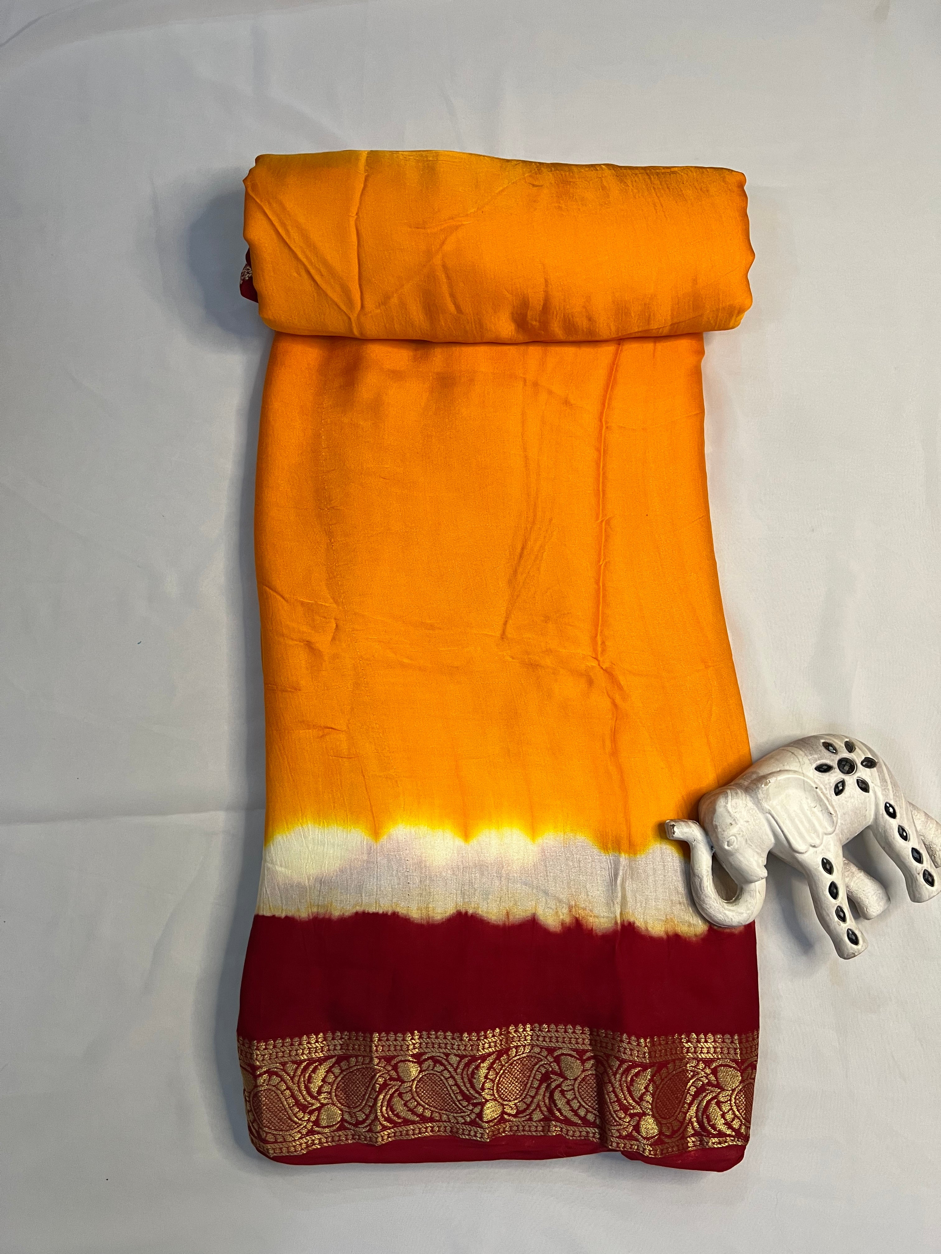 Tri-Colour (White, Yellow, and Red) Modal Gajji Silk Saree - Ethically Made, Festive Elegance - Anita Jain Fashions