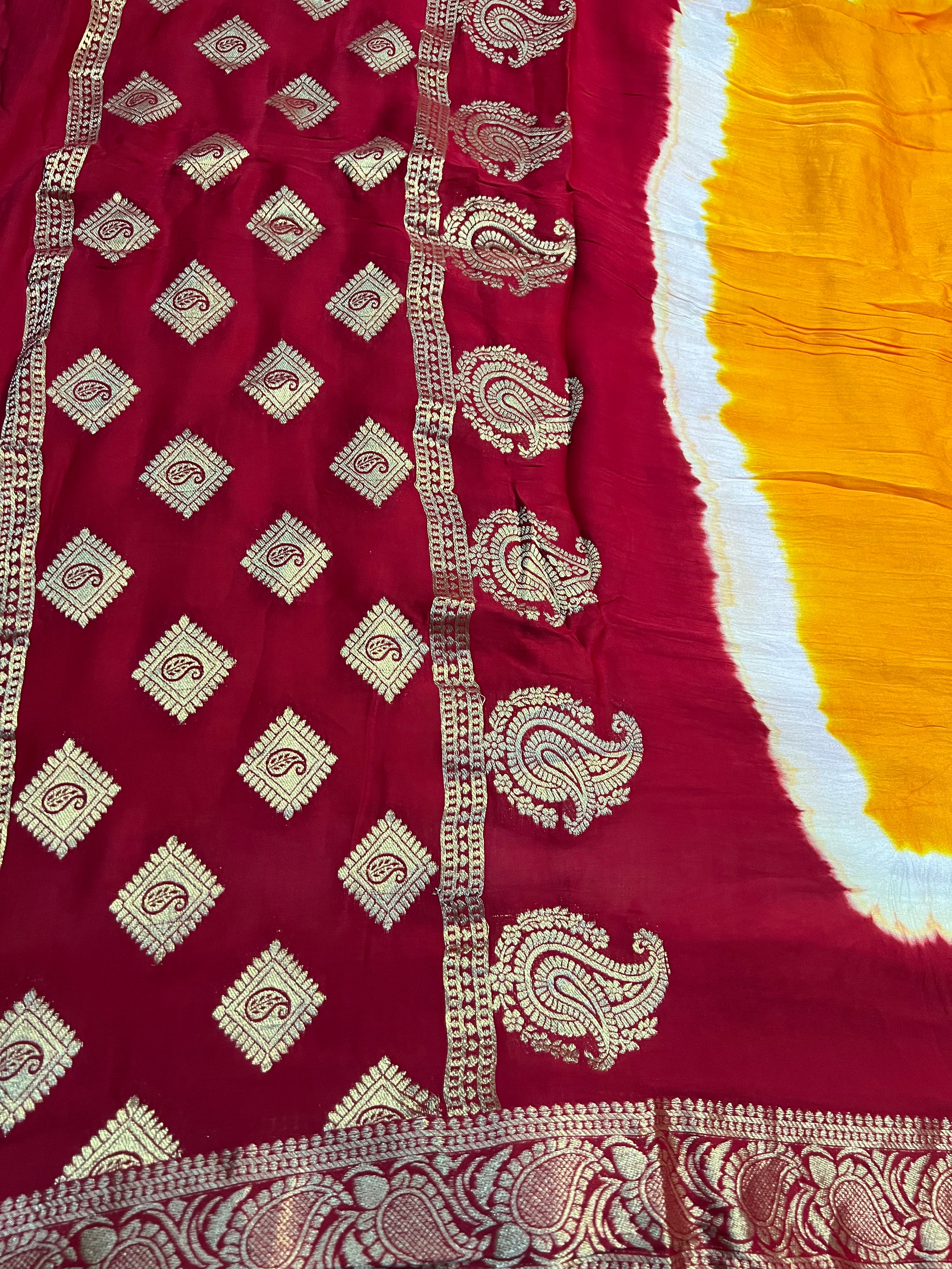 Tri-Colour (White, Yellow, and Red) Modal Gajji Silk Saree - Ethically Made, Festive Elegance - Anita Jain Fashions