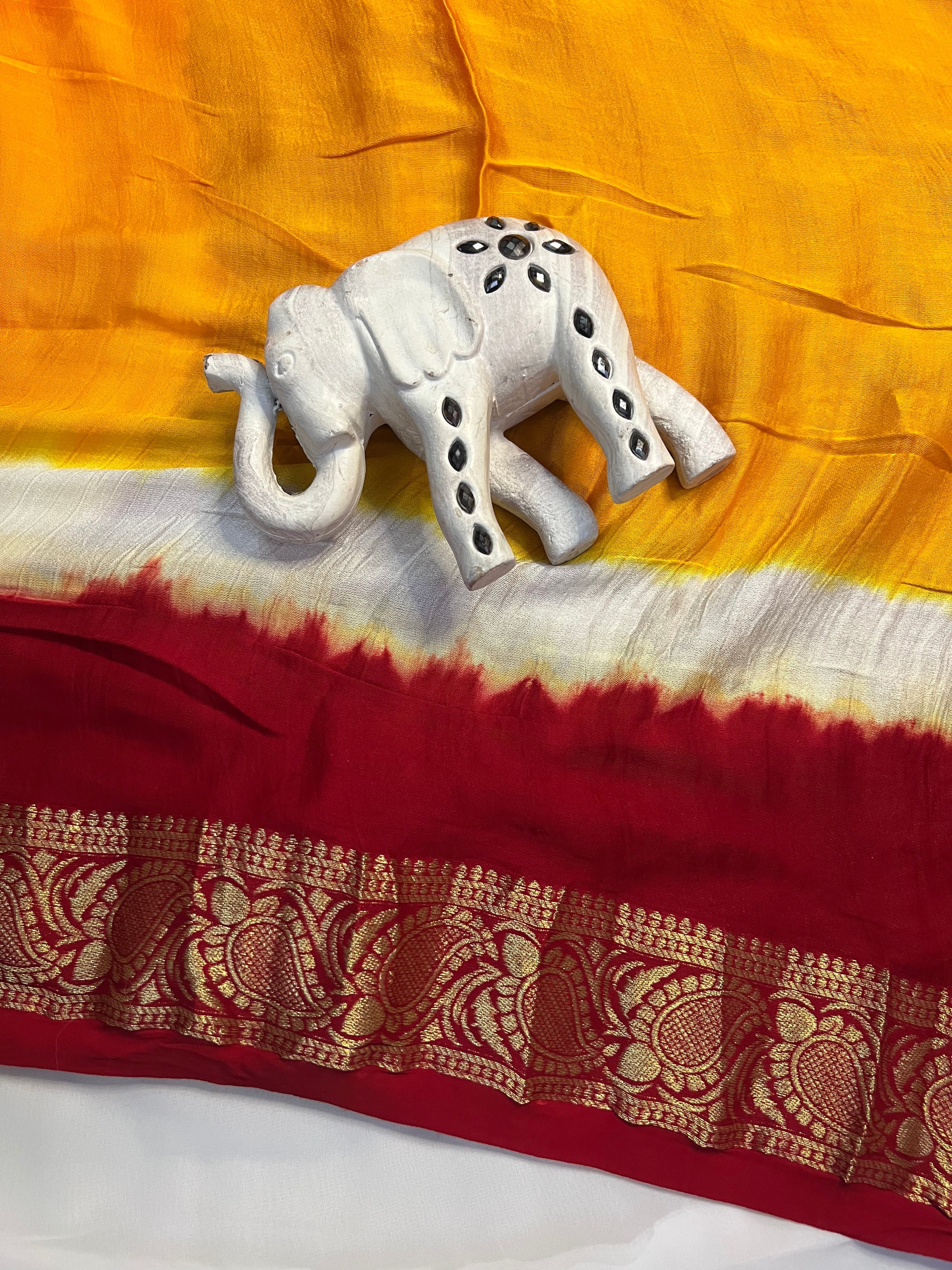 Tri-Colour (White, Yellow, and Red) Modal Gajji Silk Saree - Ethically Made, Festive Elegance - Anita Jain Fashions