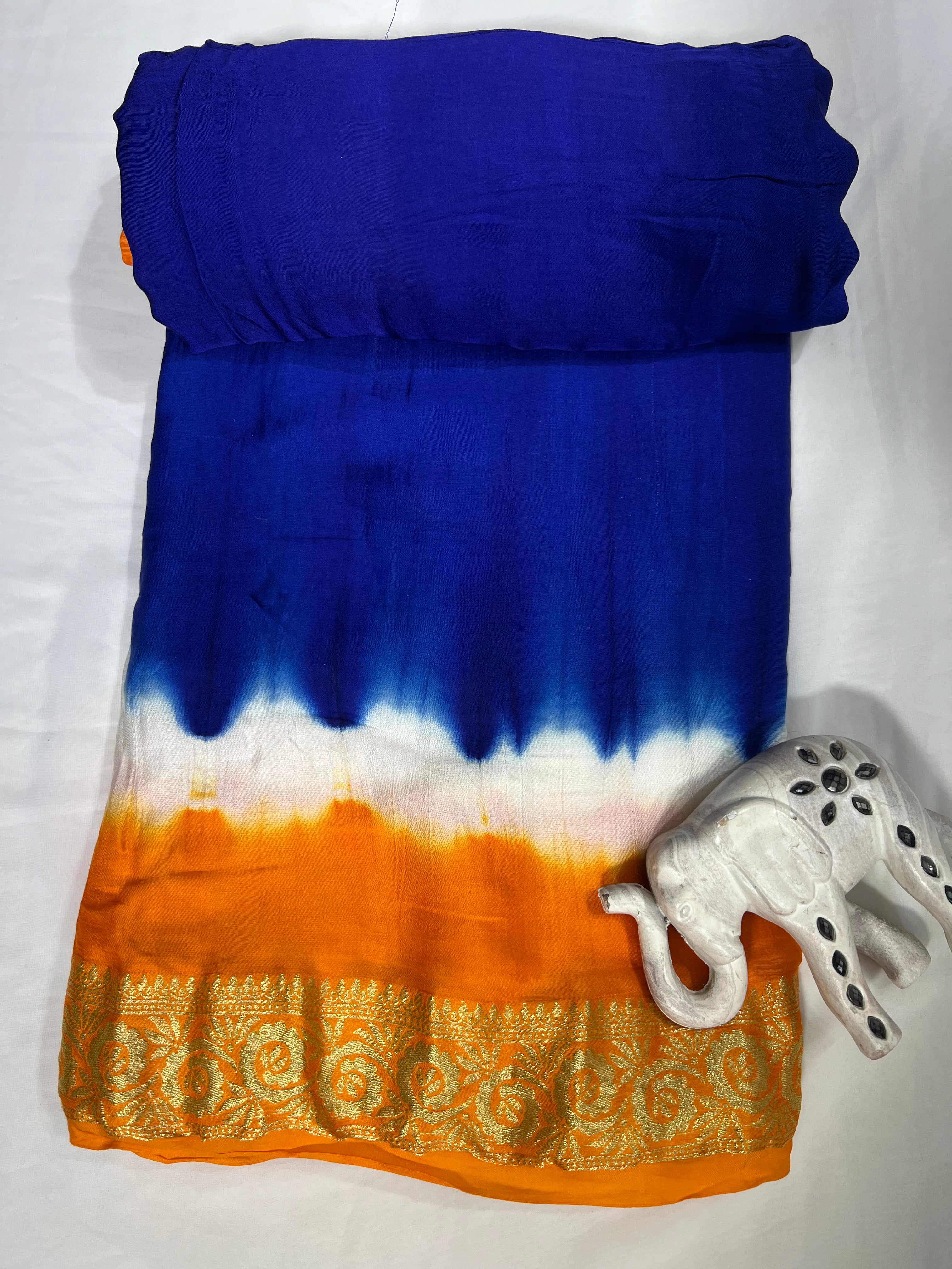 Tri-Colour (White, Yellow, and Blue) Modal Gajji Silk Saree - Ethically Made, Elegant Contrast - Anita Jain Fashions