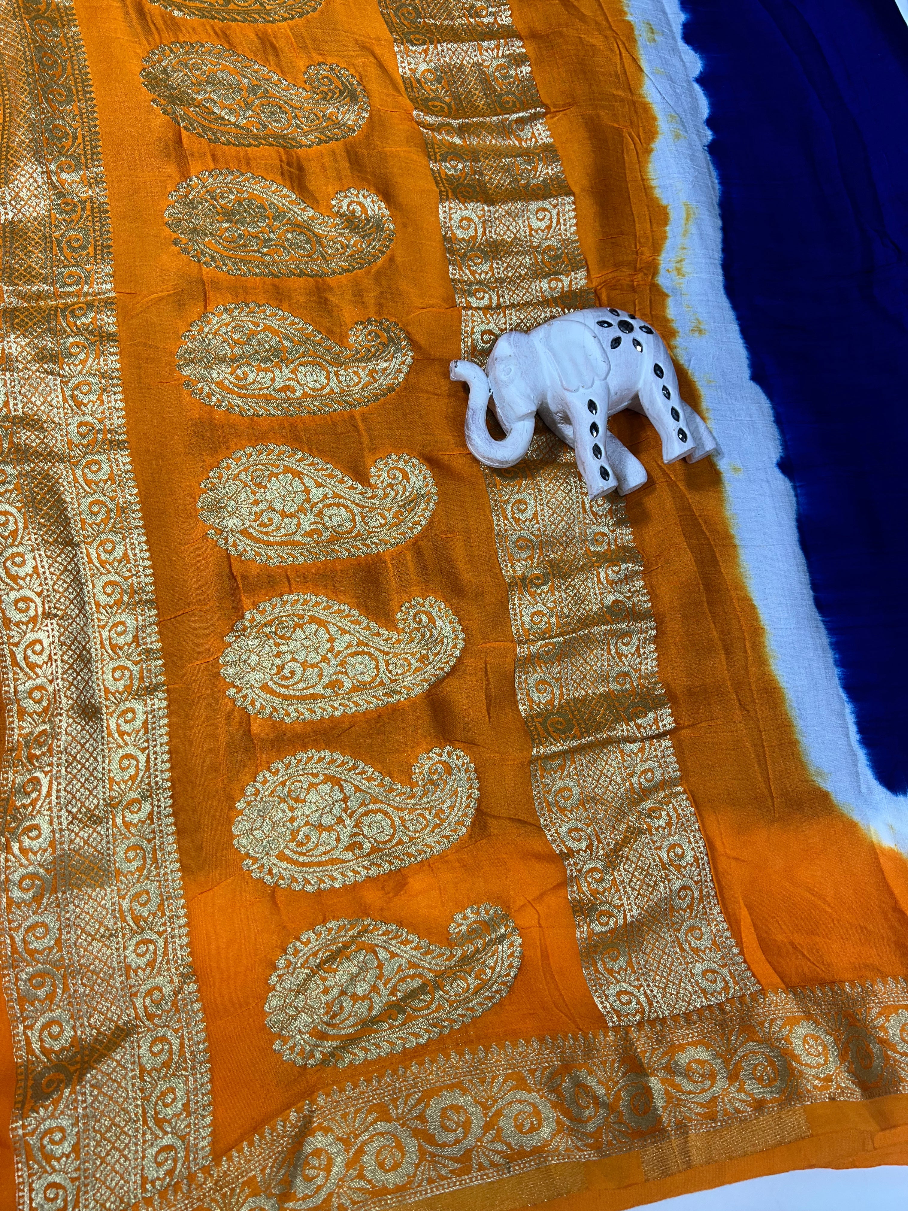 Tri-Colour (White, Yellow, and Blue) Modal Gajji Silk Saree - Ethically Made, Elegant Contrast - Anita Jain Fashions