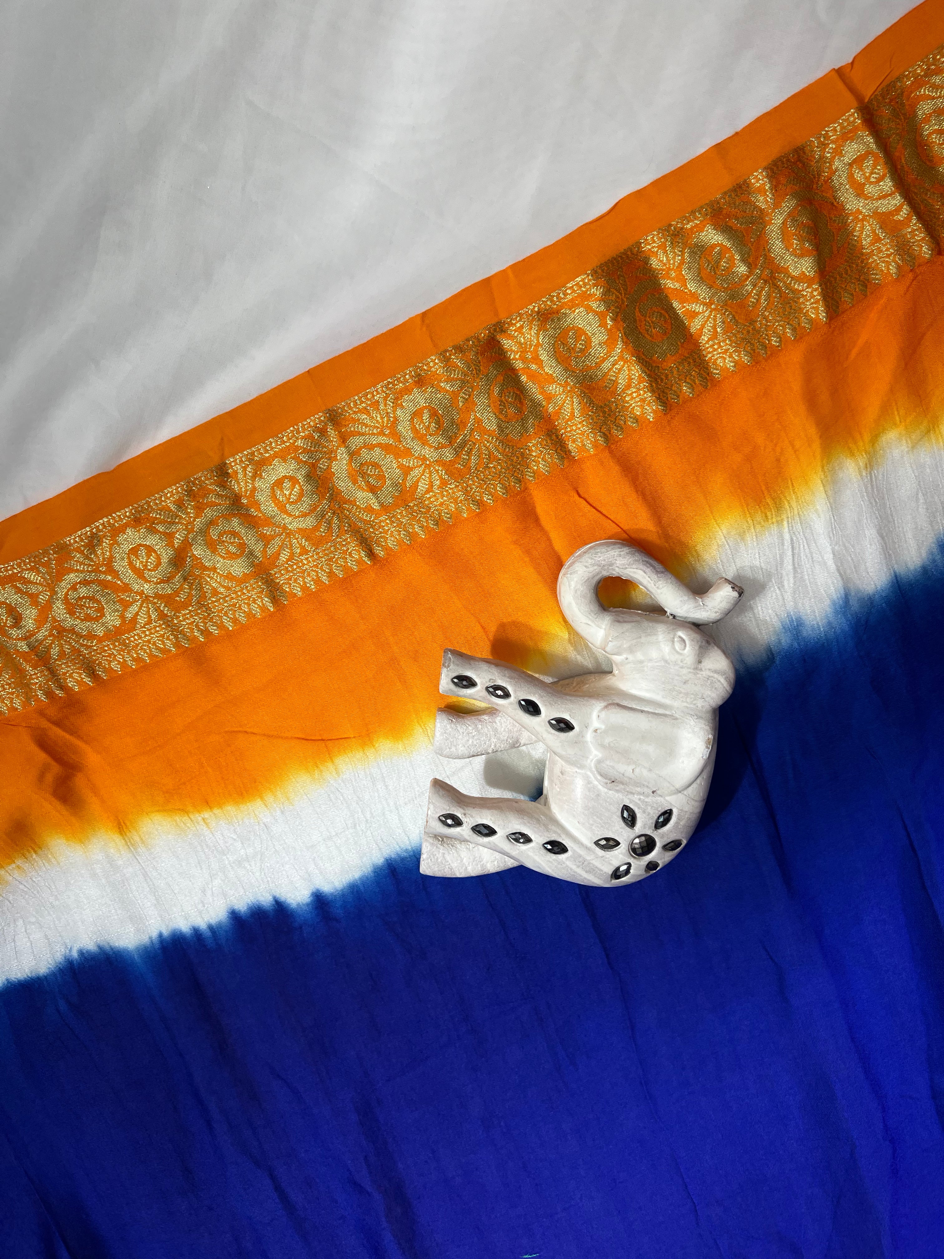 Tri-Colour (White, Yellow, and Blue) Modal Gajji Silk Saree - Ethically Made, Elegant Contrast - Anita Jain Fashions