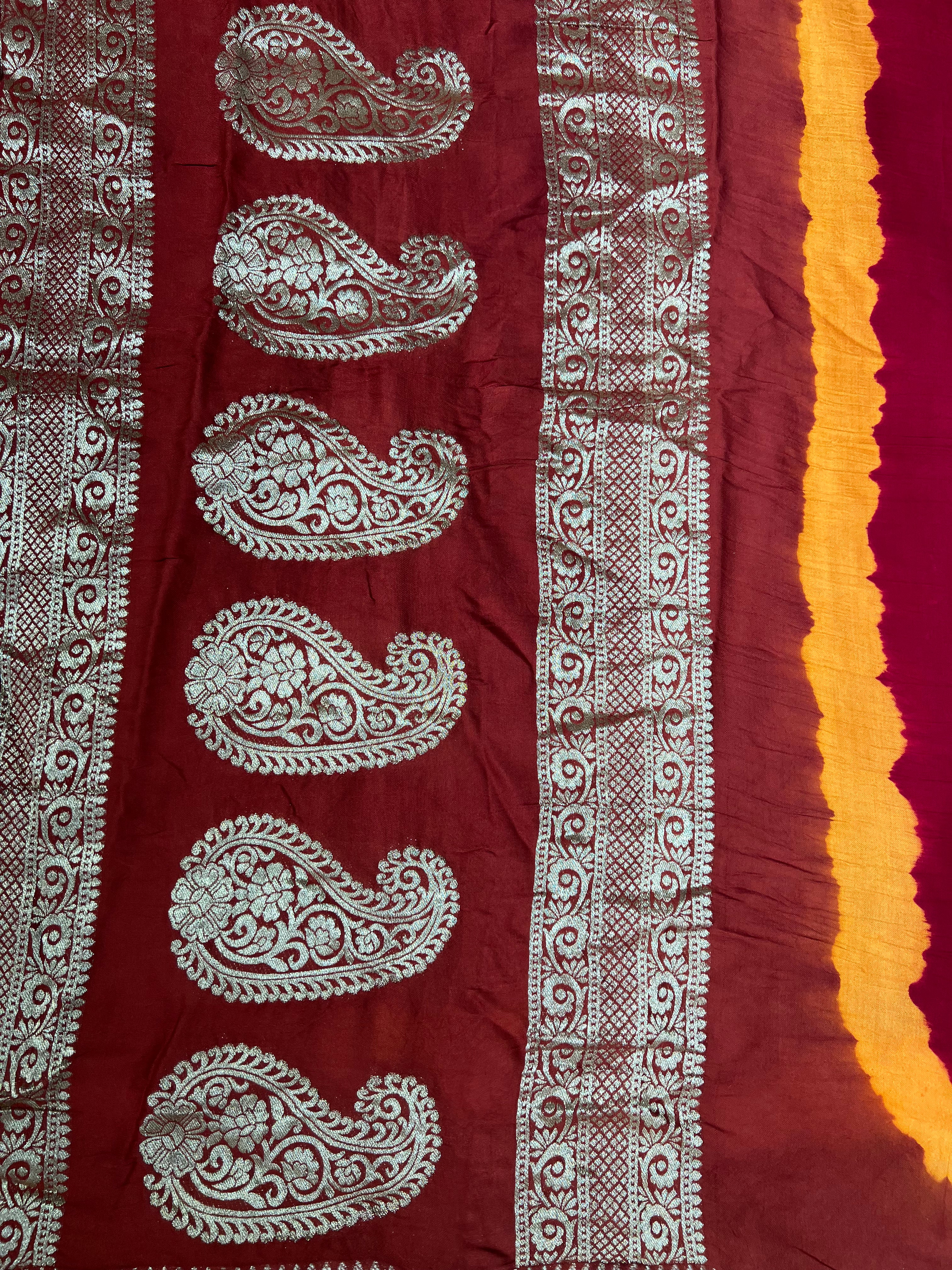 Tri-Colour (Brown, Yellow, and Red) Modal Gajji Silk Saree - Ethically Made, Bold Contrast - Anita Jain Fashions