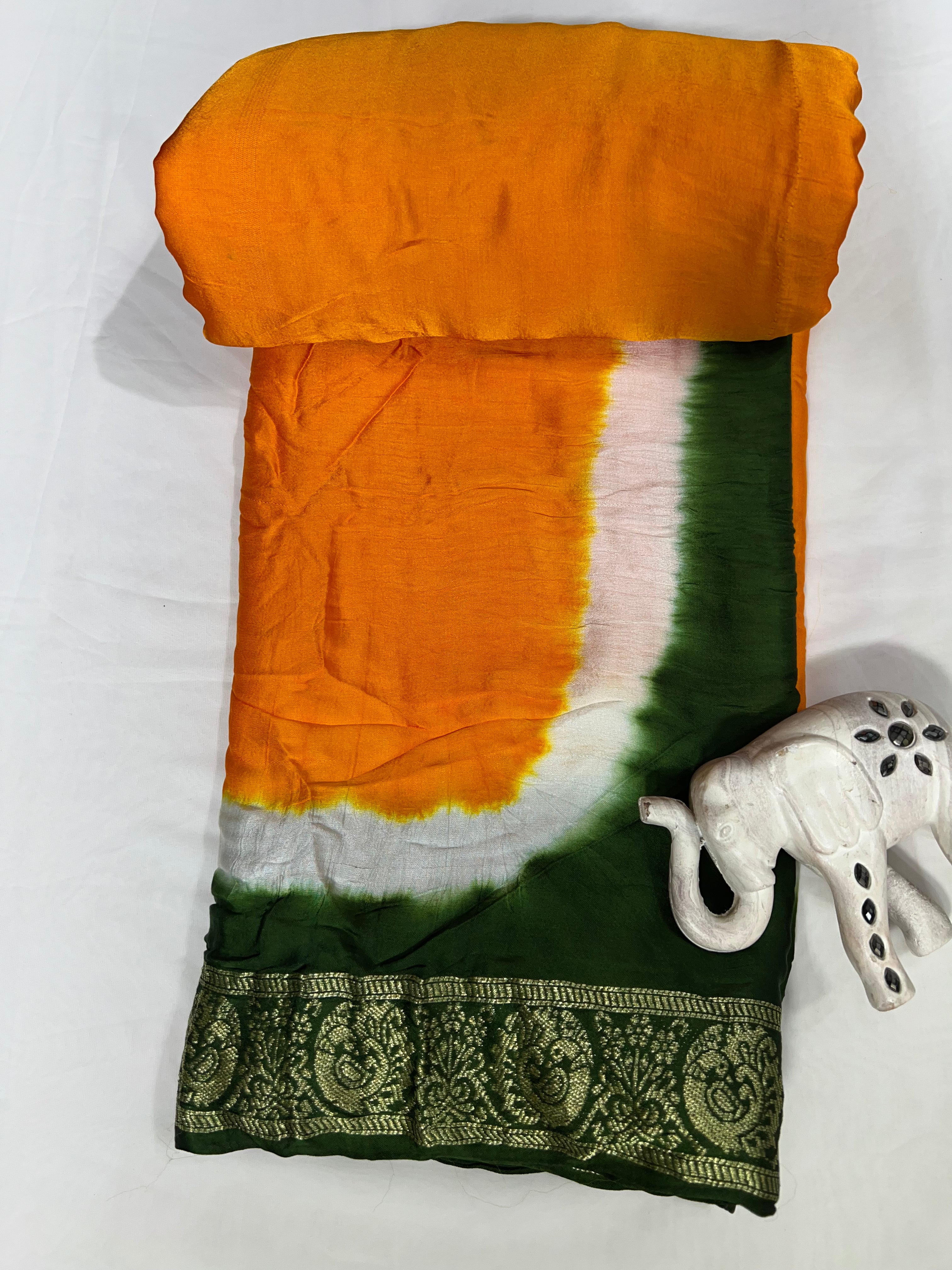 Tri-Colour (White, Yellow, and Green) Modal Gajji Silk Saree - Ethically Made, Vibrant Elegance - Anita Jain Fashions