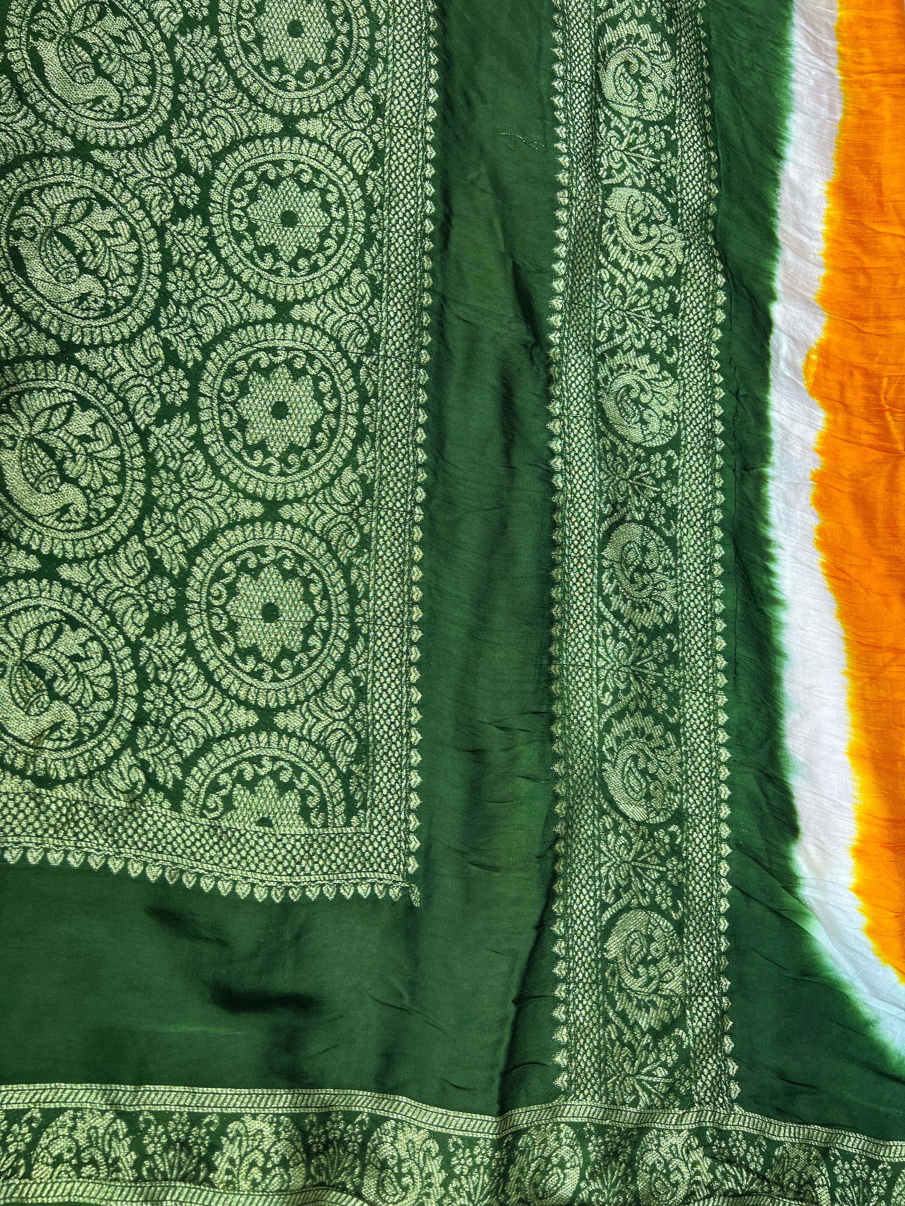 Tri-Colour (White, Yellow, and Green) Modal Gajji Silk Saree - Ethically Made, Vibrant Elegance - Anita Jain Fashions