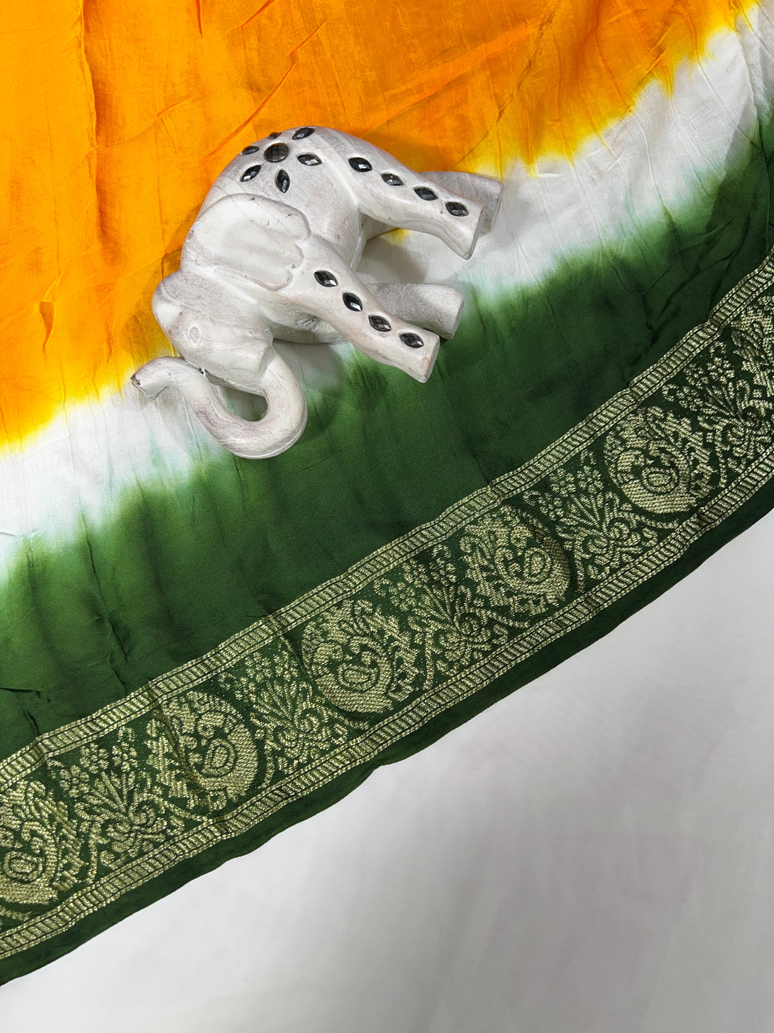 Tri-Colour (White, Yellow, and Green) Modal Gajji Silk Saree - Ethically Made, Vibrant Elegance - Anita Jain Fashions