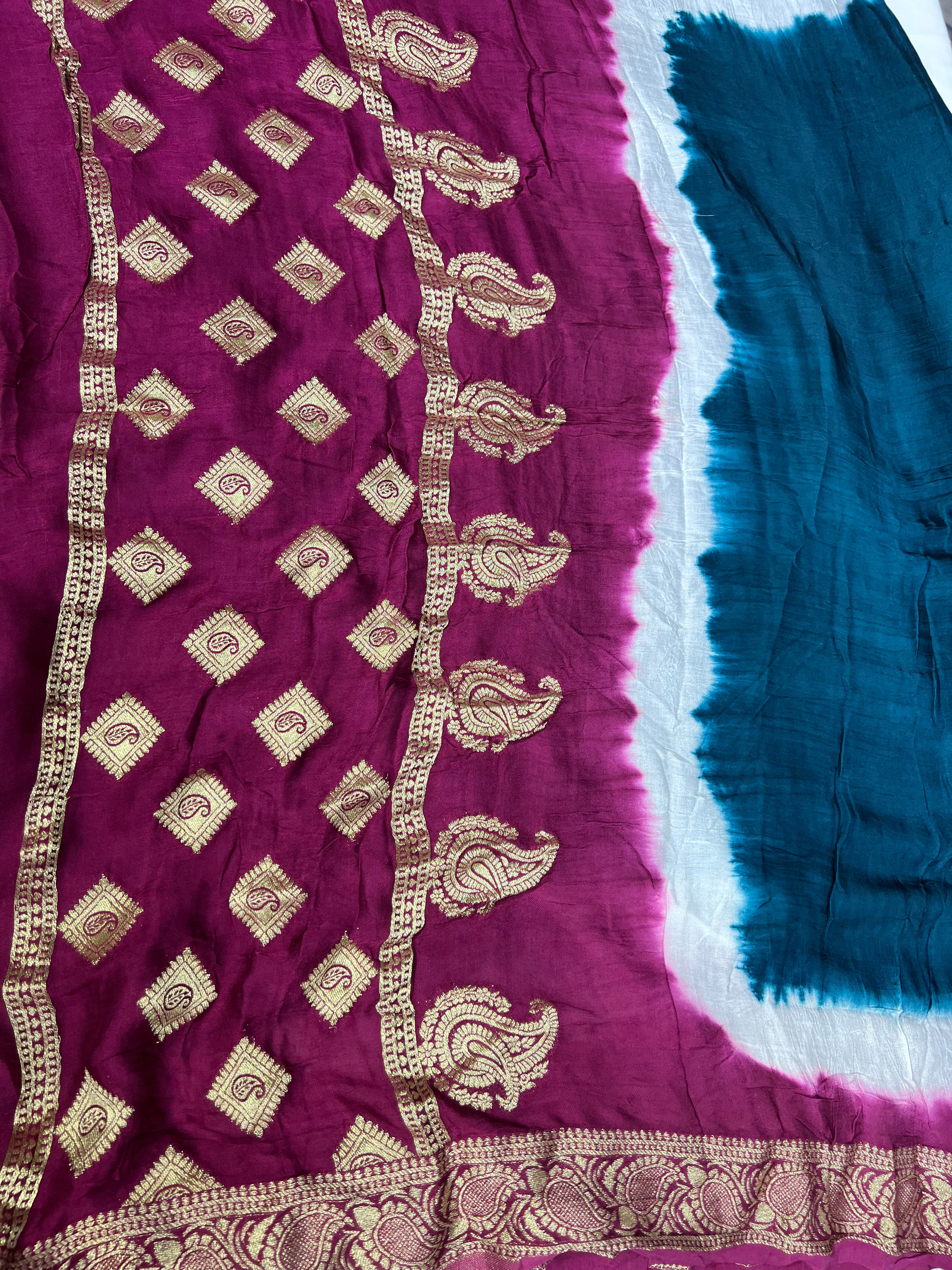 Tri-Colour (Purple, White, and Green) Modal Gajji Silk Saree - Ethically Made, Elegant Fusion - Anita Jain Fashions