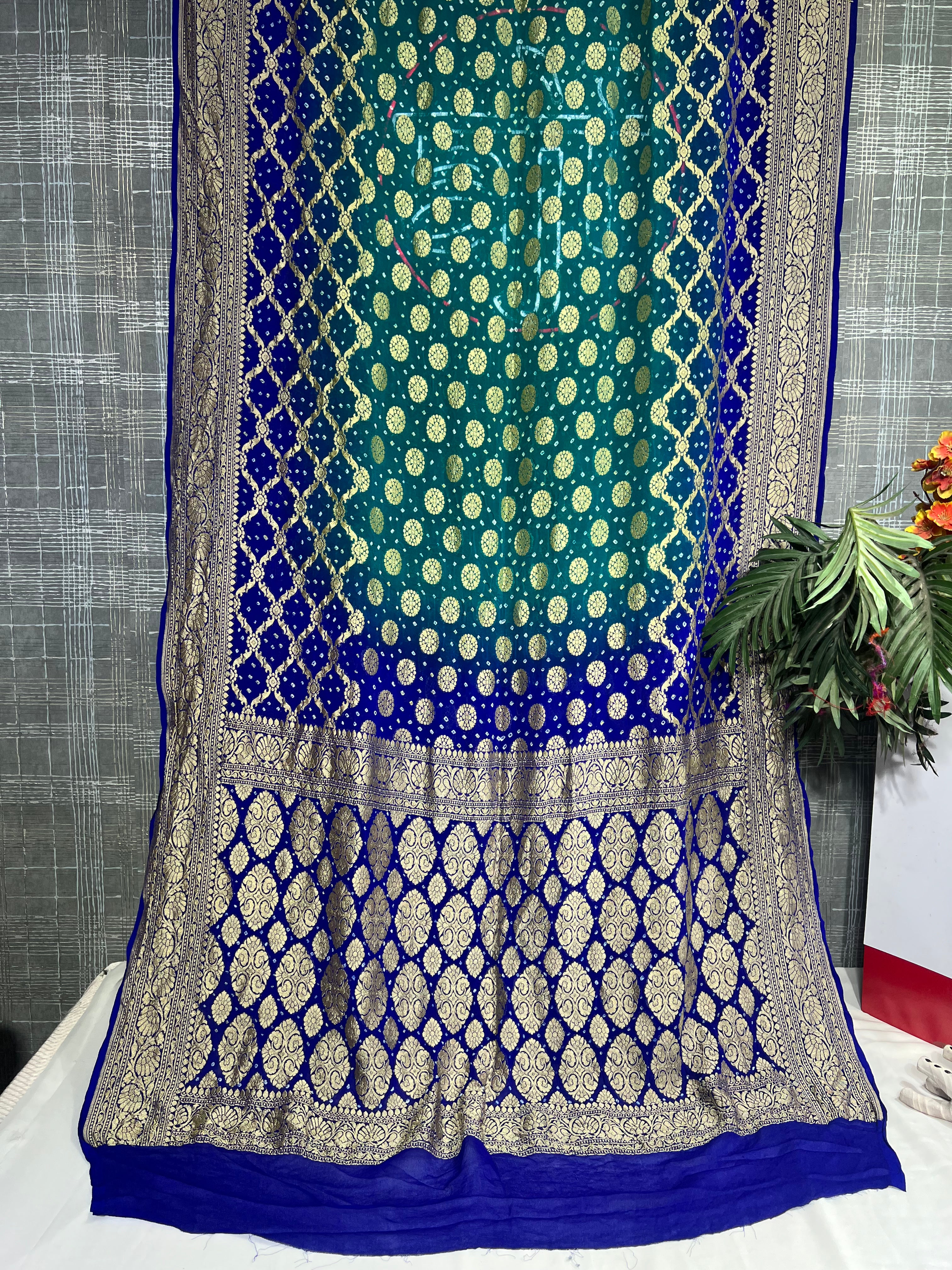 Blue & Sky Blue Pure Khaddi Georgette Saree - Ethically Made, Easy Care & Dual-Tone Elegance - Anita Jain Fashions