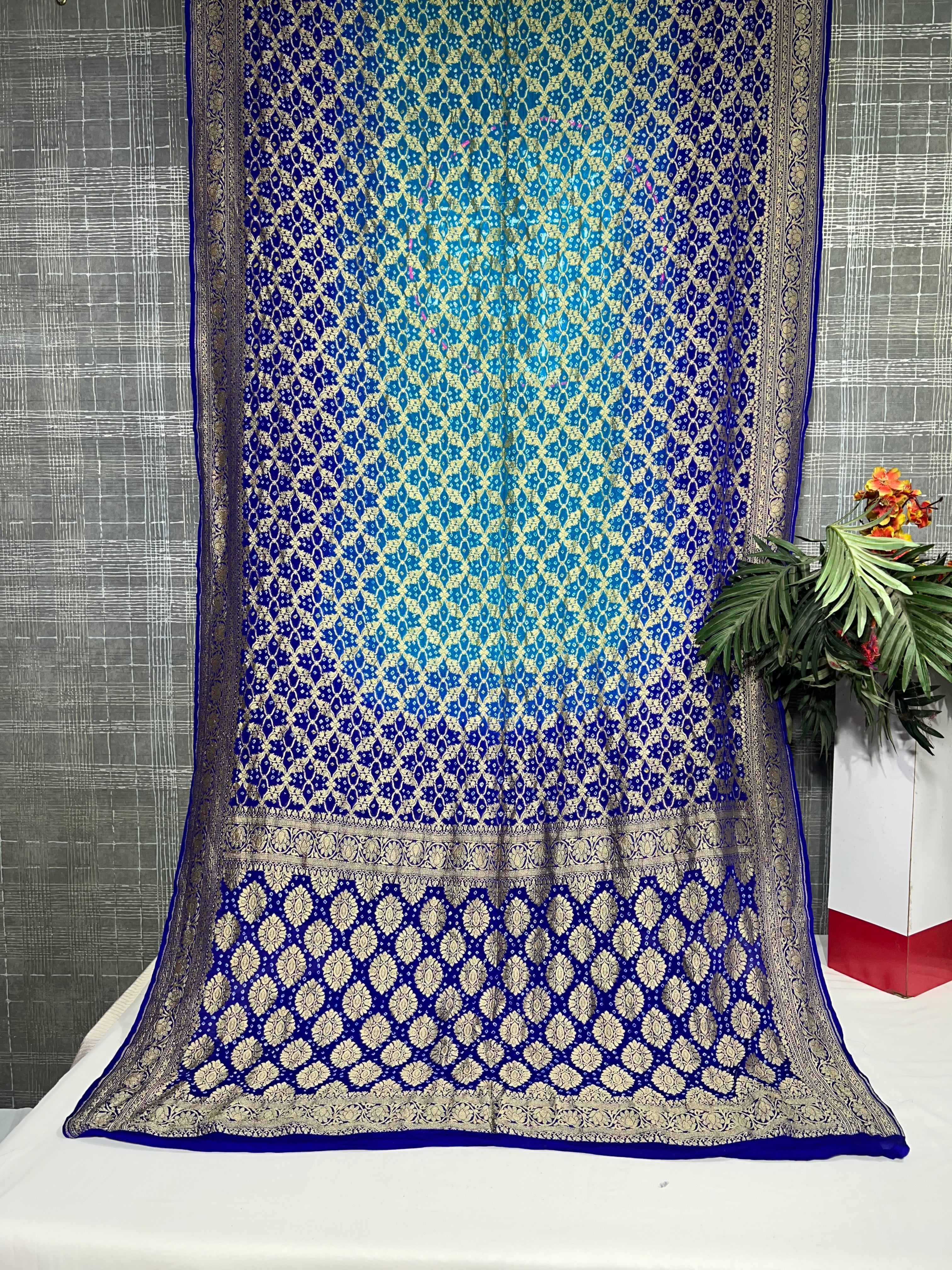 Blue & Sky Blue Pure Khaddi Georgette Saree - Ethically Made, Easy Care & Gradient Elegance - Anita Jain Fashions