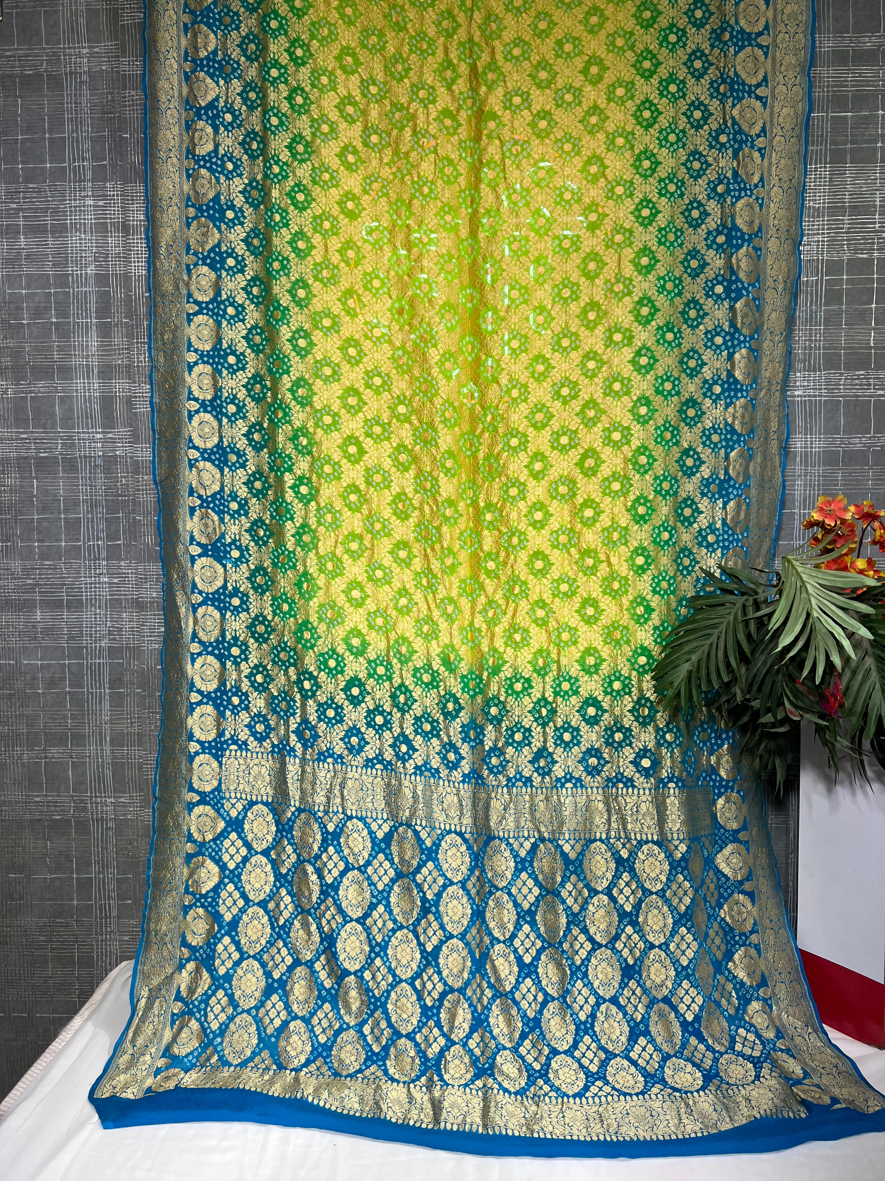 Light Green & Sky Blue Pure Khaddi Georgette Saree - Ethically Made, Easy Care & Elegant Gradient - Anita Jain Fashions