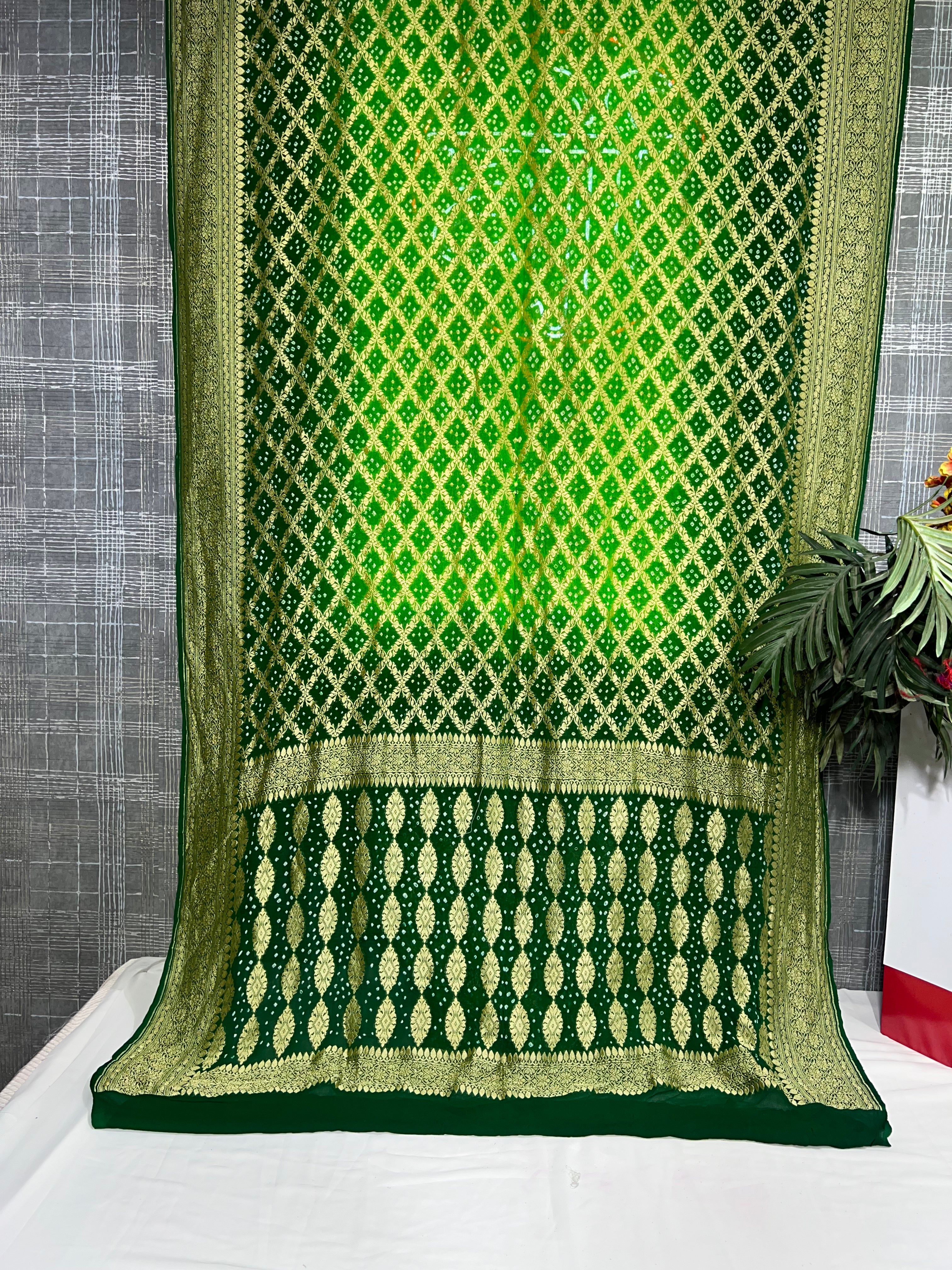 Light Green & Green Pure Khaddi Georgette Saree - Ethically Made, Easy Care & Dual-Tone Elegance - Anita Jain Fashions