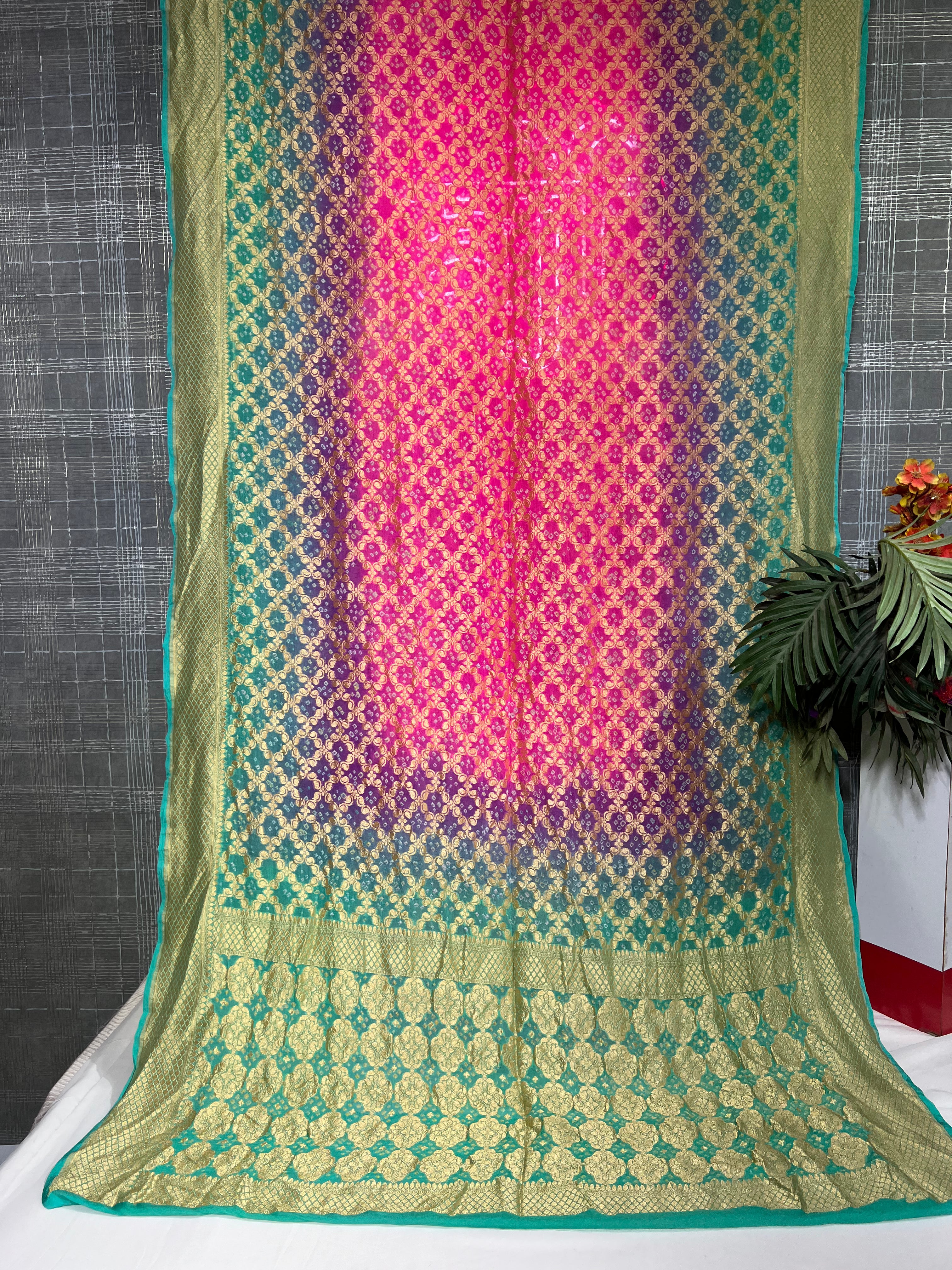 Firozi & Pink Pure Khaddi Georgette Saree - Ethically Made, Easy Care & Vibrant Gradient - Anita Jain Fashions