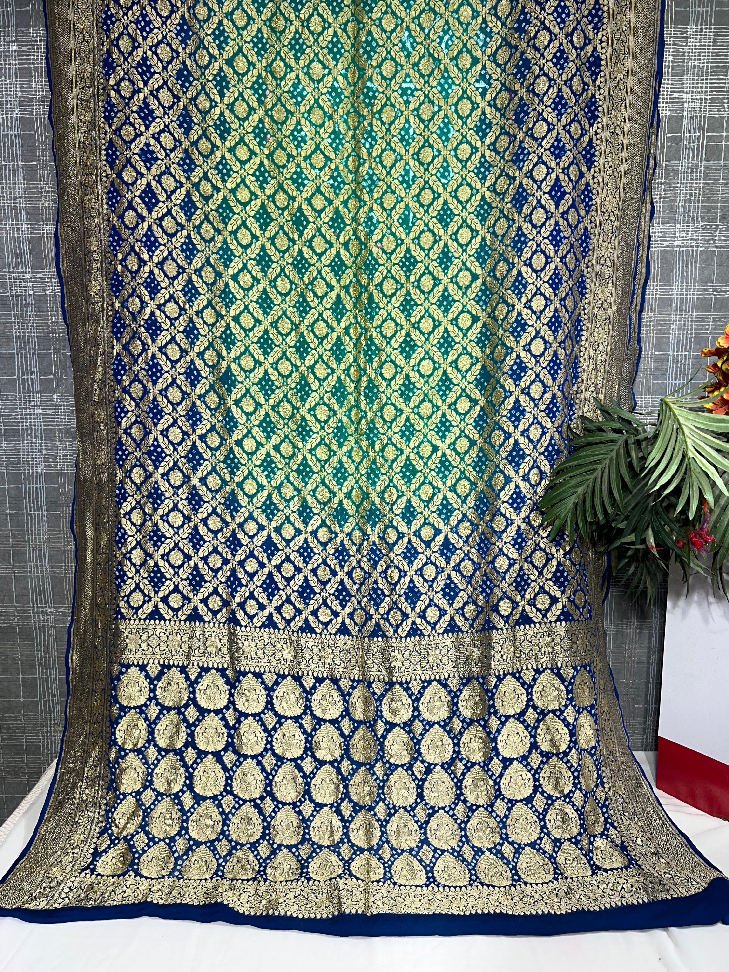 Blue & Firozi Pure Khaddi Georgette Saree - Ethically Made, Easy Care & Elegant Gradient - Anita Jain Fashions