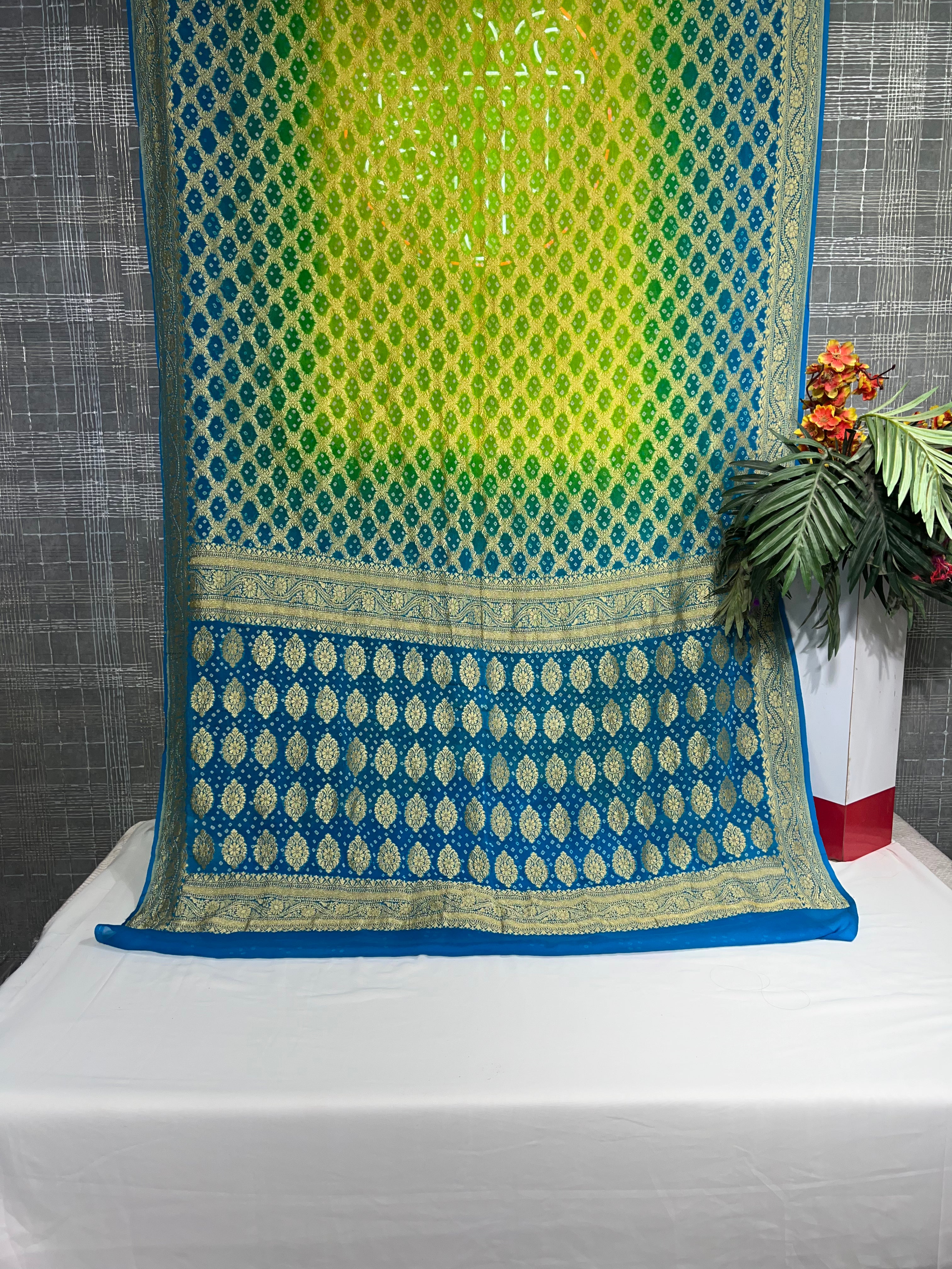 Blue and Neon Green Shaded Khaddi Saree - Ethically Made, Vibrant Gradient - Anita Jain Fashions