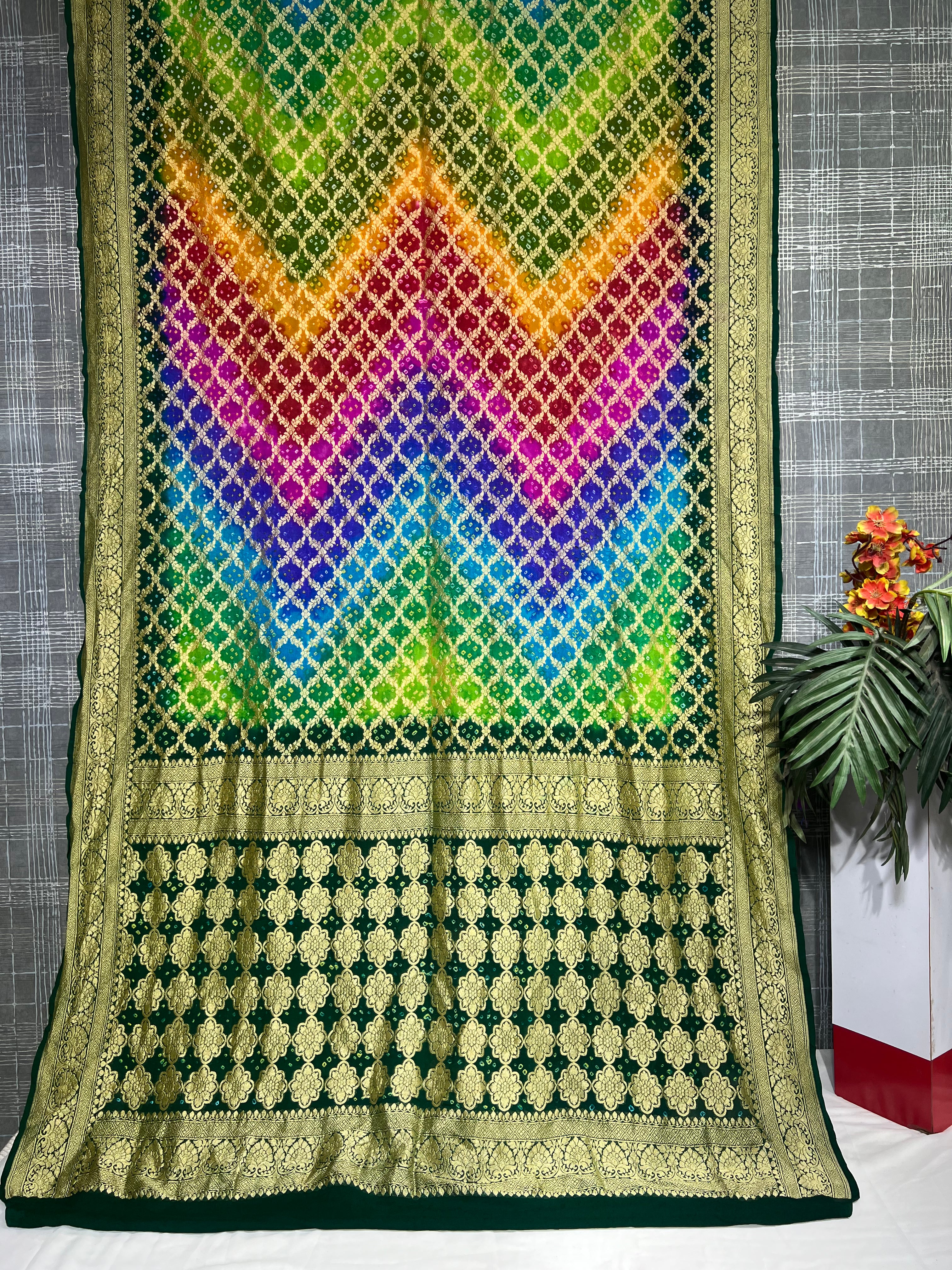 Multi-Colour Khaddi Saree with Green Pallu - Ethically Made, Festive Vibrance - Anita Jain Fashions