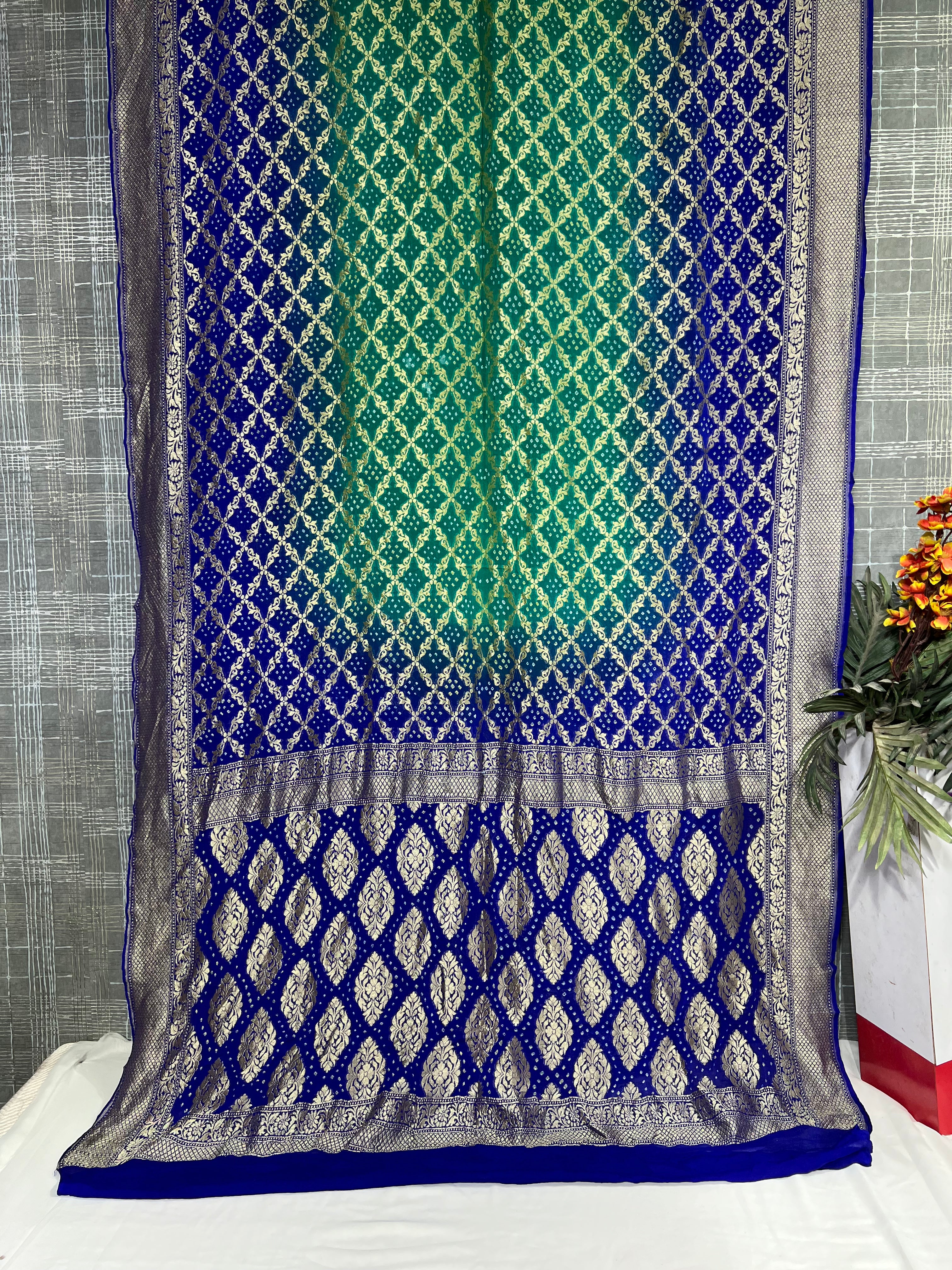 Blue & Light Green Pure Khaddi Georgette Saree - Ethically Made, Easy Care & Elegant Gradient - Anita Jain Fashions