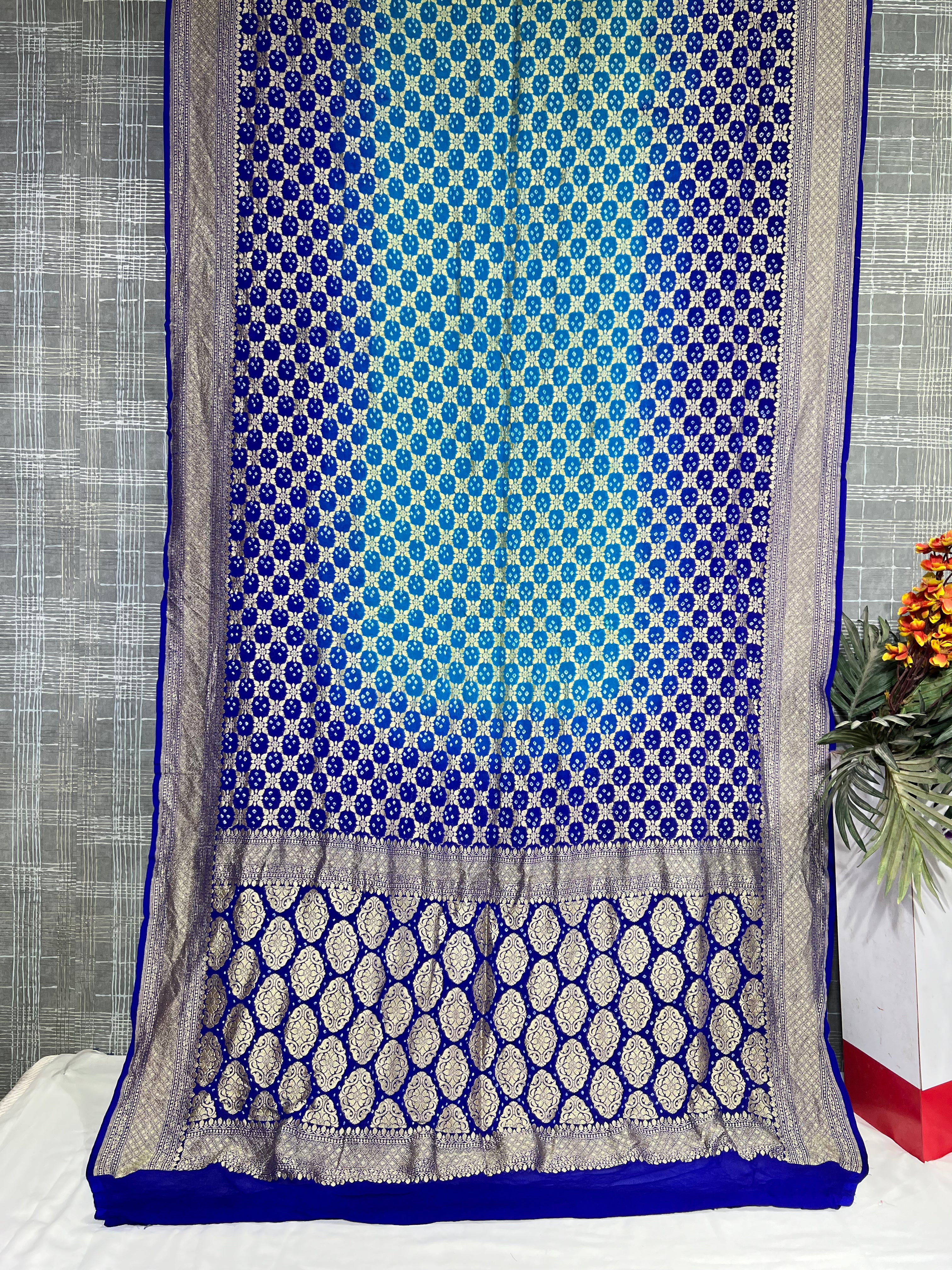 Dark Blue & Sky Blue Oval Buti Shaded Khaddi Saree - Ethically Made, Elegant Gradient Design - Anita Jain Fashions