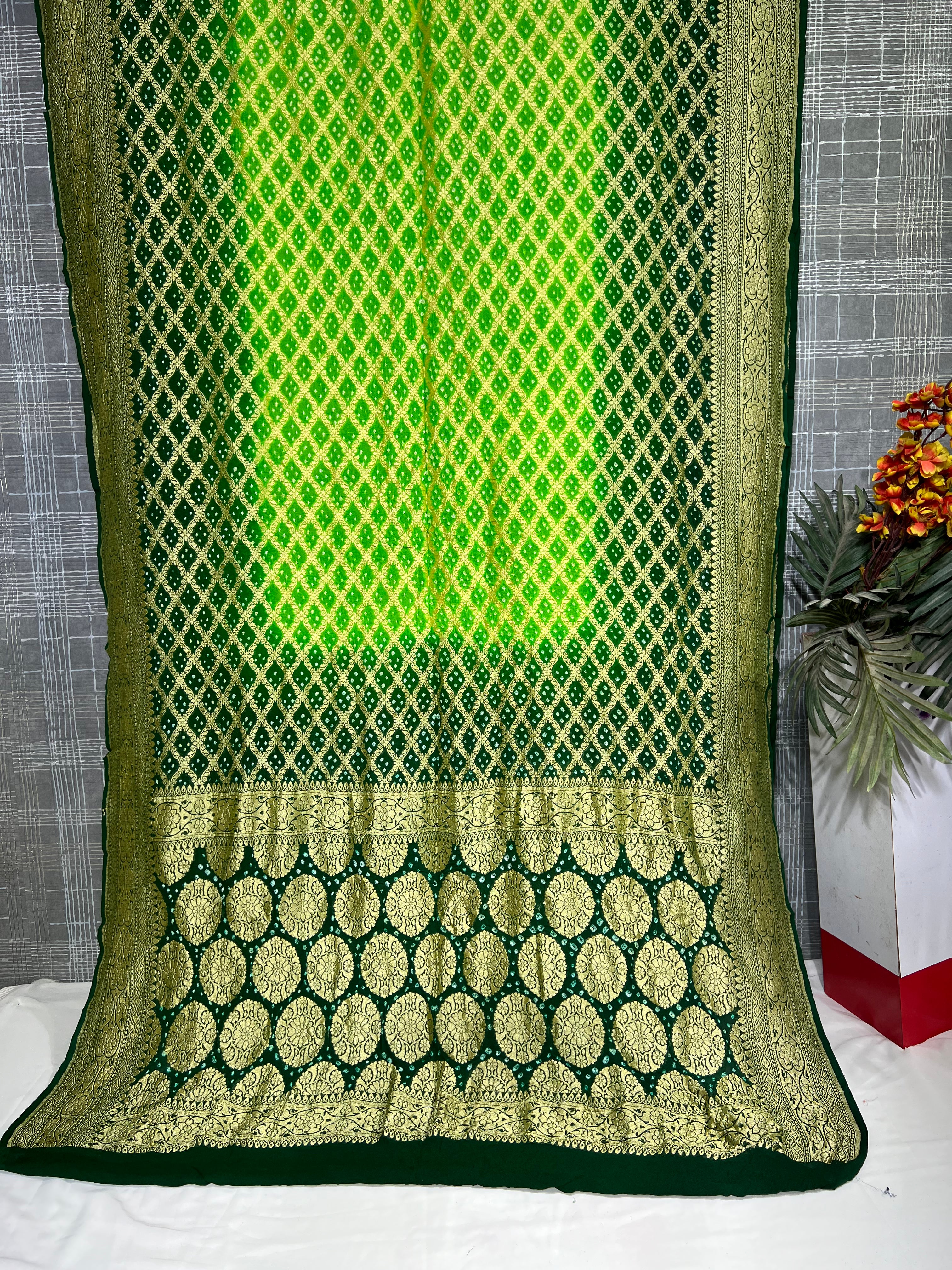 Dark Green & Neon Green Circular Buti Shaded Khaddi Saree - Ethically Made, Bold Gradient Elegance - Anita Jain Fashions