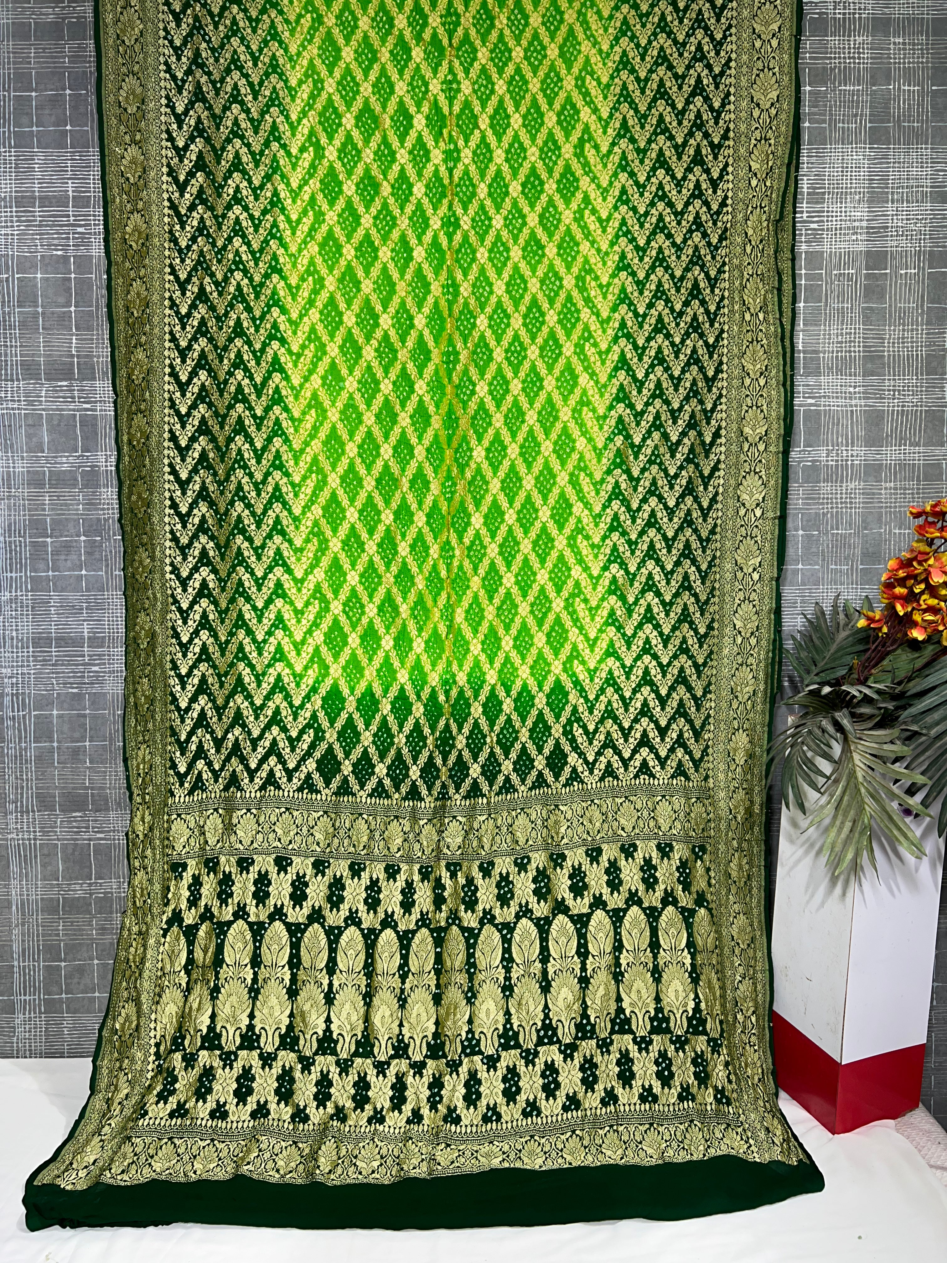 Green & Light Green Pure Khaddi Georgette Saree - Ethically Made, Easy Care & Dual-Tone Elegance - Anita Jain Fashions