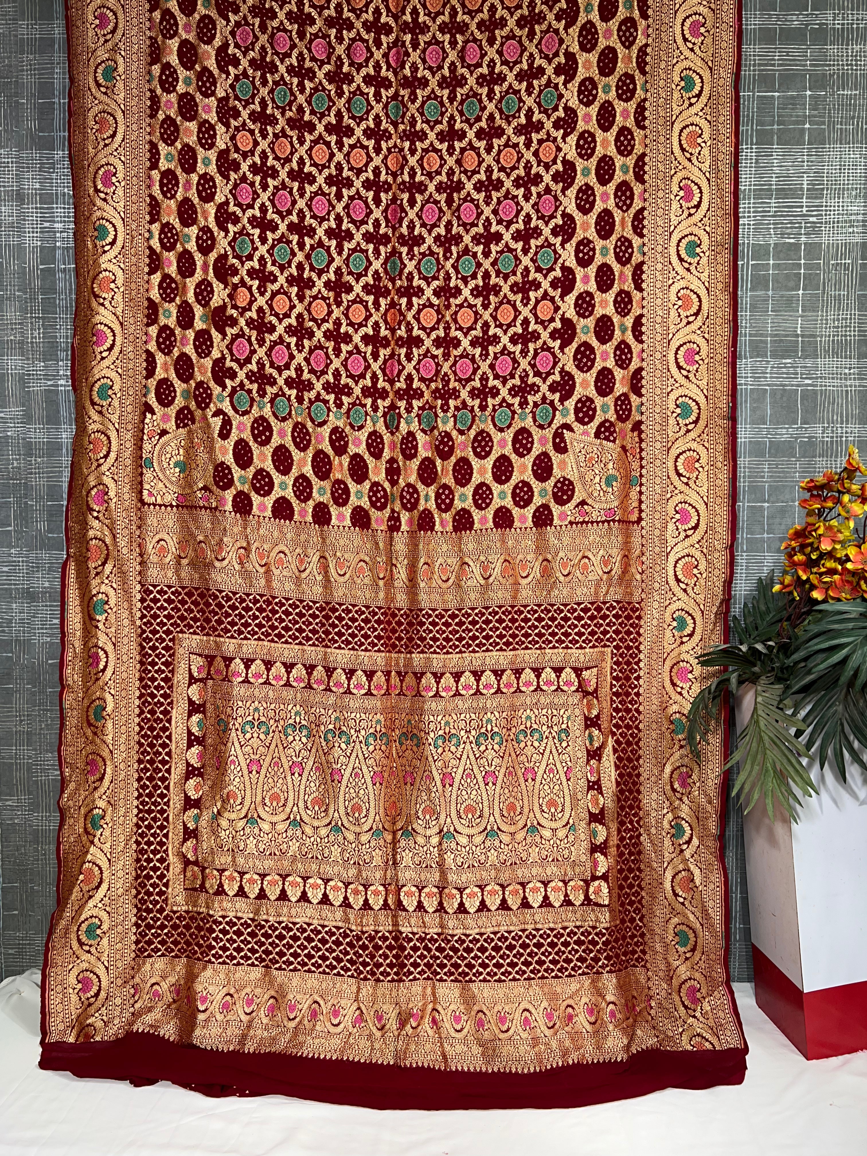 Mehroon Meenakari Khaddi Saree - Ethically Made, Timeless Traditional Art - Anita Jain Fashions