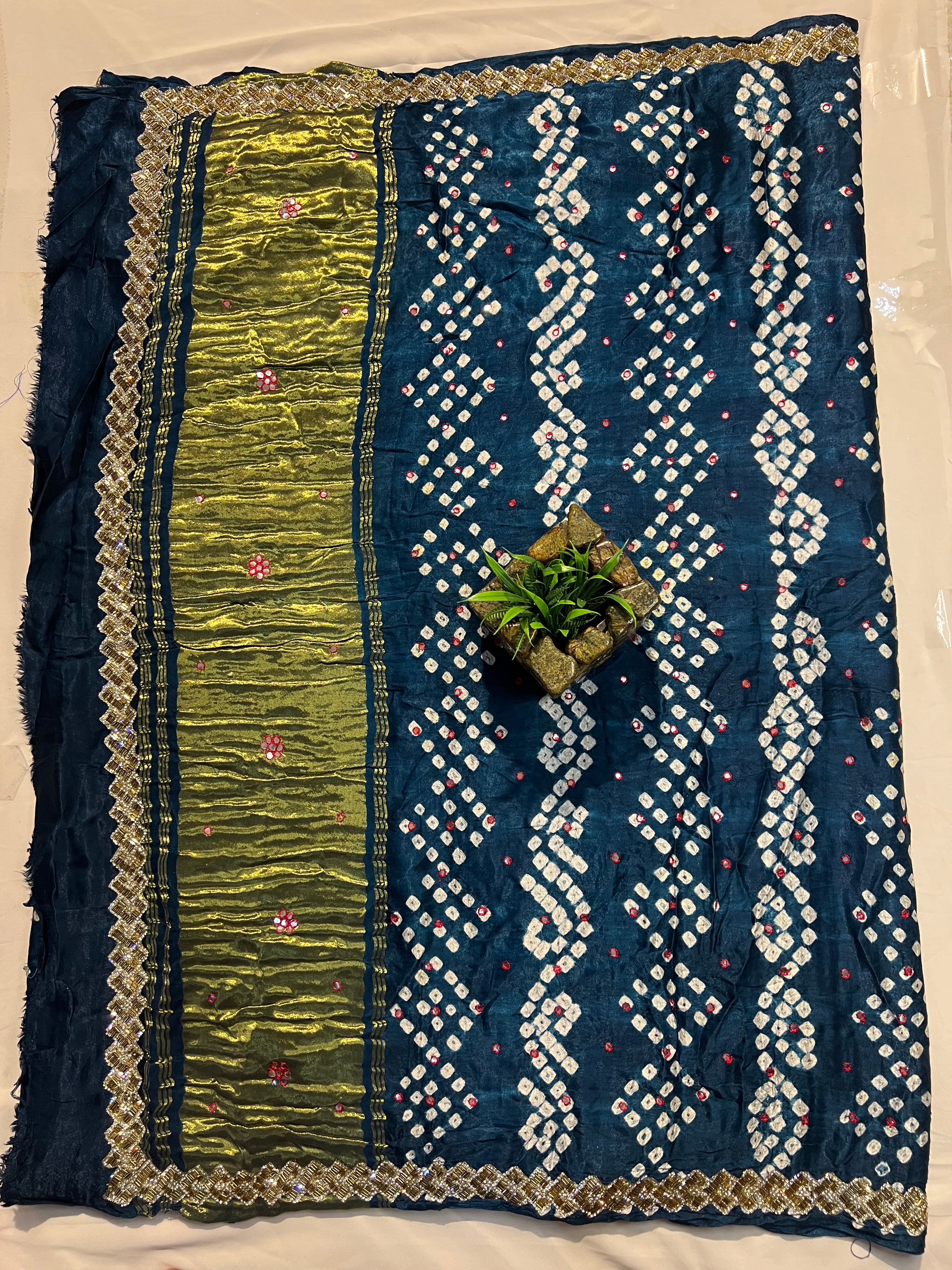 Teal Blue Gajji Silk Saree with Tubelight Work - Ethically Made, Easy Care & Sparkling Festive Appeal - Anita Jain Fashions