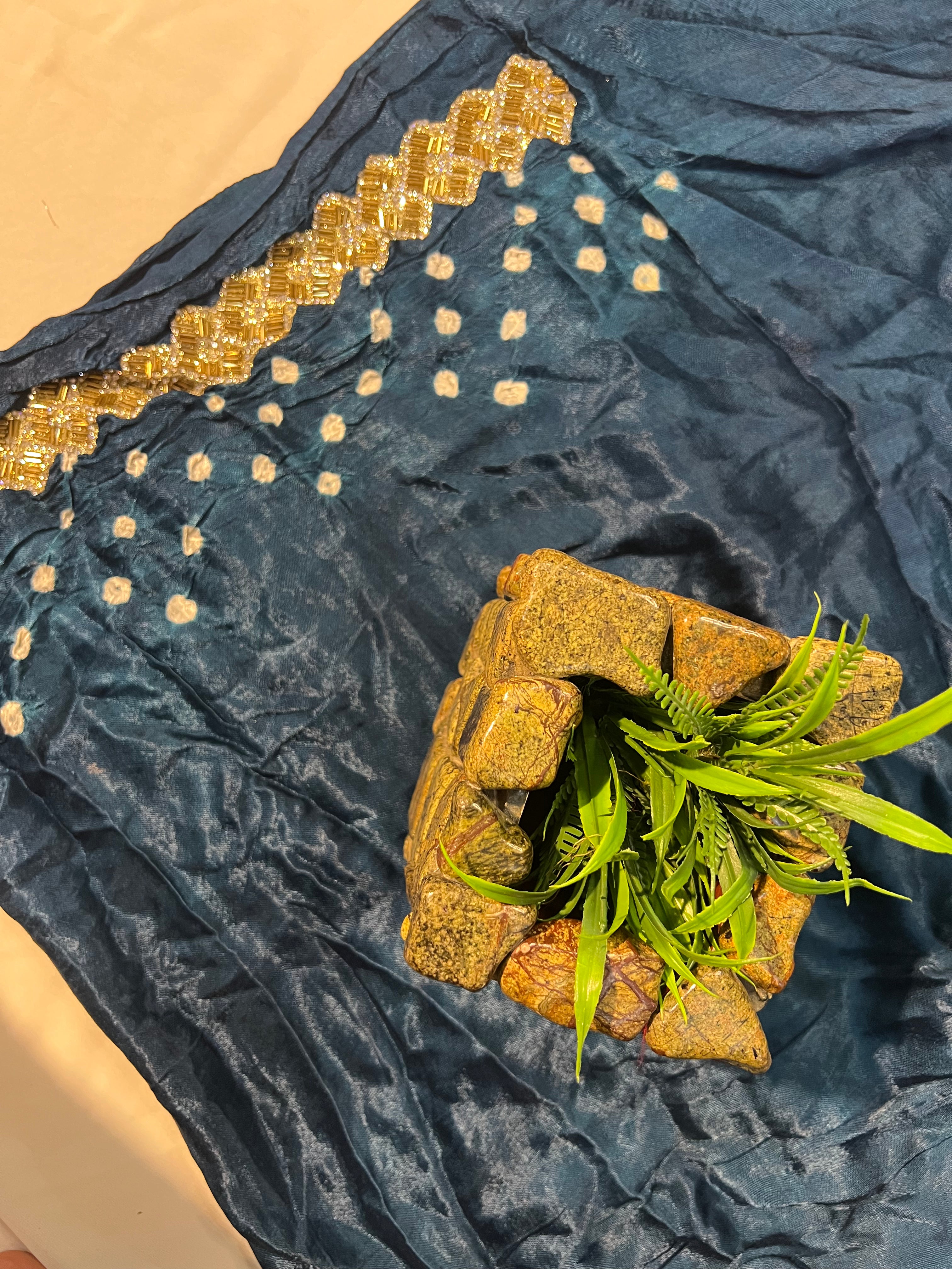 Teal Blue Gajji Silk Saree with Tubelight Work - Ethically Made, Easy Care & Sparkling Festive Appeal - Anita Jain Fashions