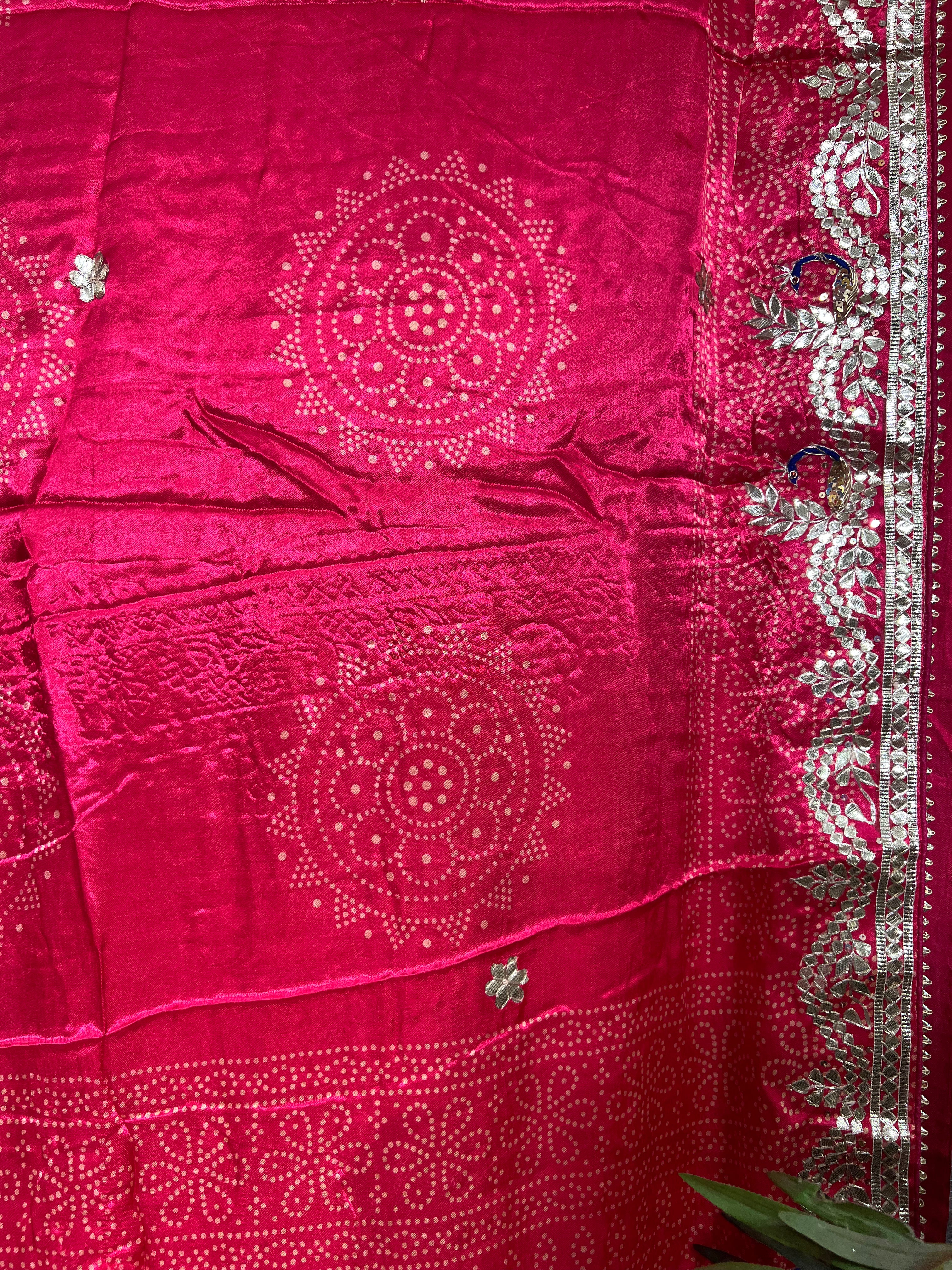 Embroidery Peacock Booty Pink Modal Gajji Silk Saree with Gota Patti Work - Ethically Made, Easy Care & Festive Elegance - Anita Jain Fashions