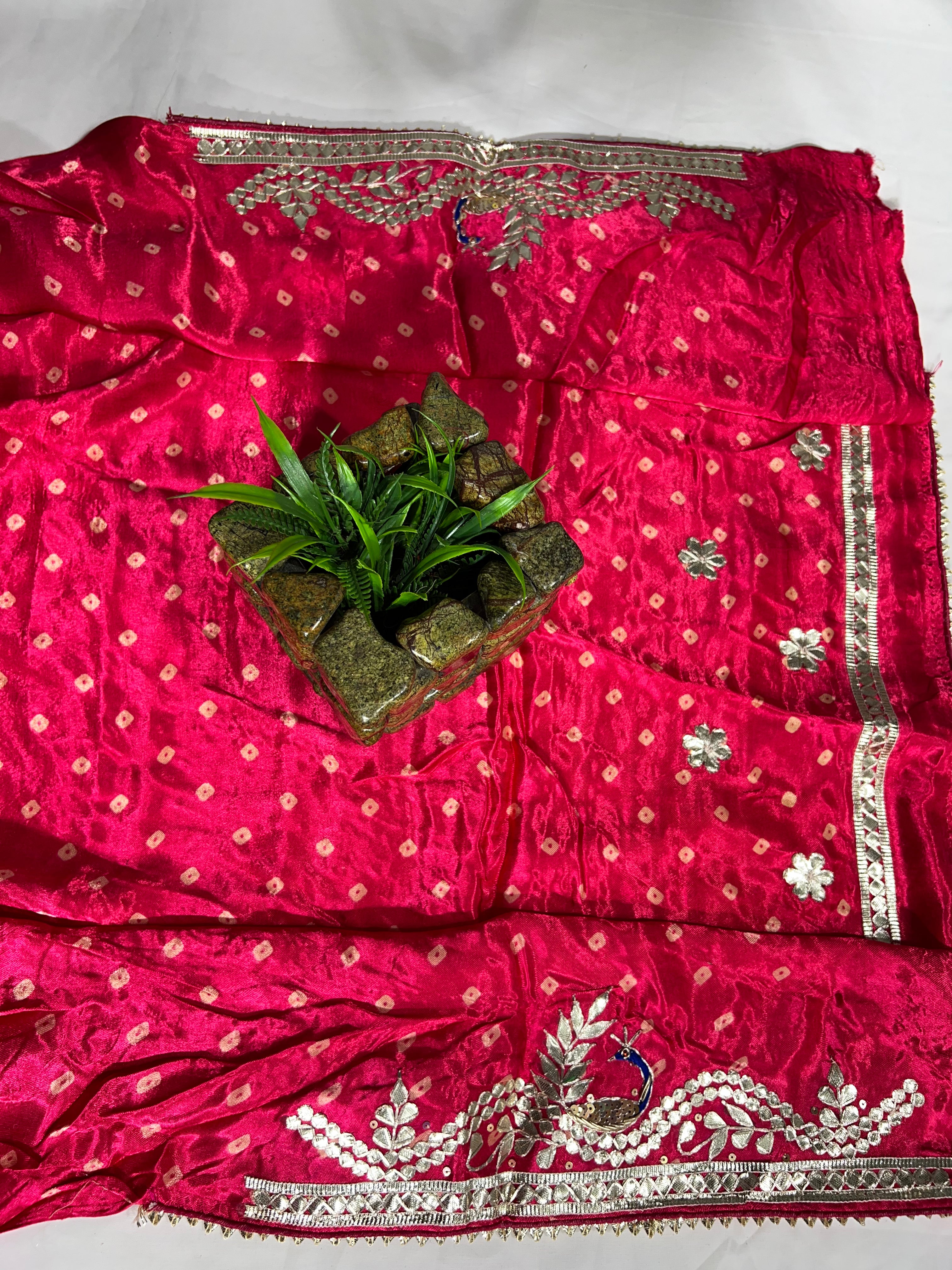 Embroidery Peacock Booty Pink Modal Gajji Silk Saree with Gota Patti Work - Ethically Made, Easy Care & Festive Elegance - Anita Jain Fashions