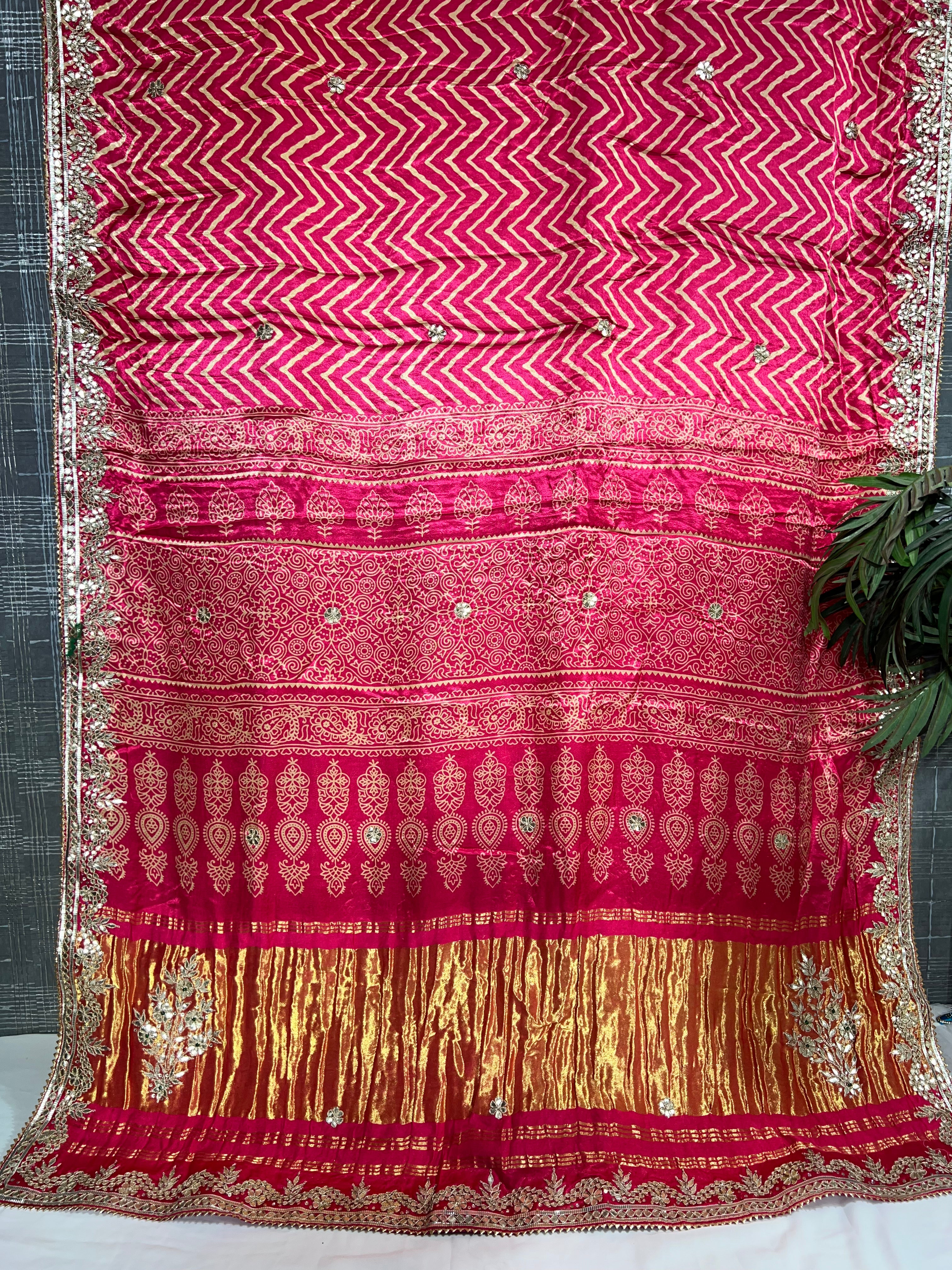 Zig-Zag Print Long Booty Pink Modal Gajji Silk Saree with Gota Patti Work - Ethically Made, Easy Care & Festive Charm - Anita Jain Fashions