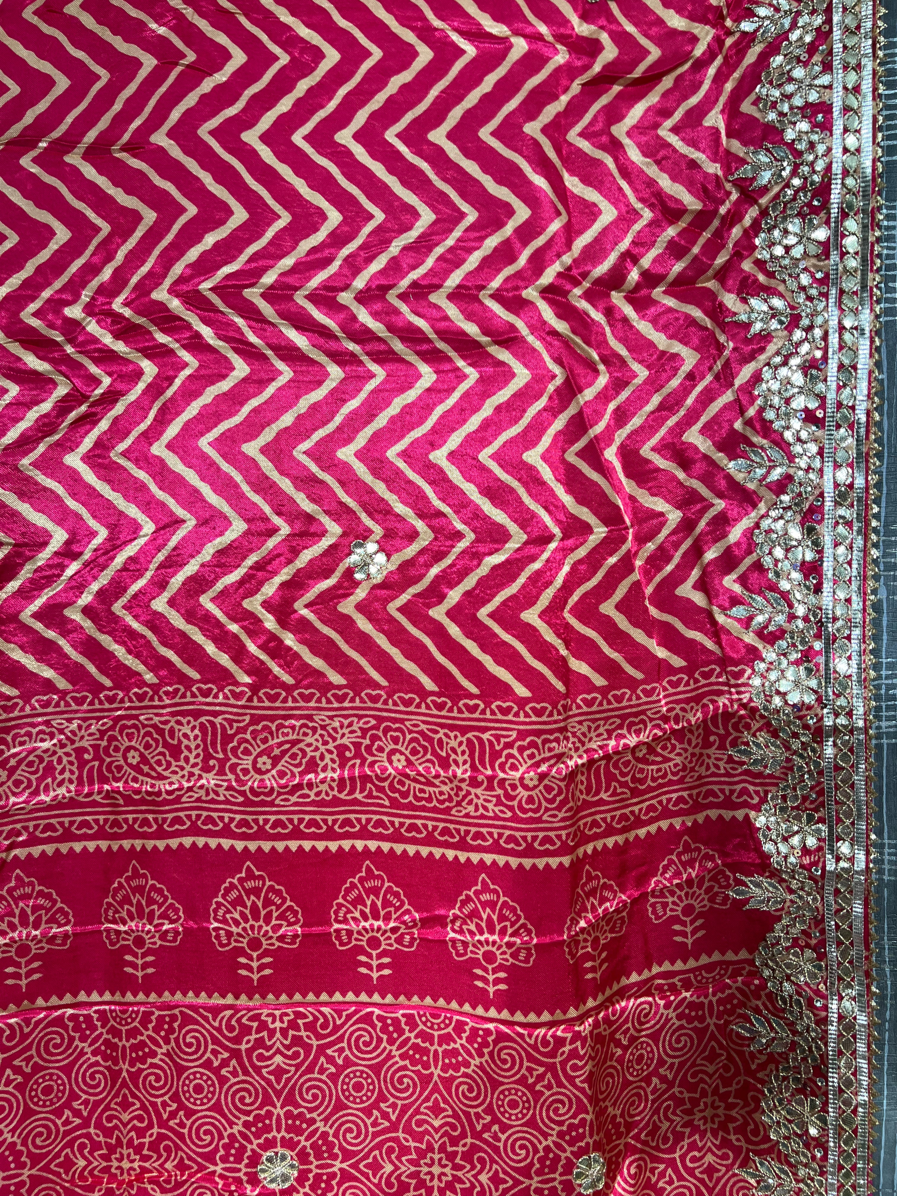 Zig-Zag Print Long Booty Pink Modal Gajji Silk Saree with Gota Patti Work - Ethically Made, Easy Care & Festive Charm - Anita Jain Fashions