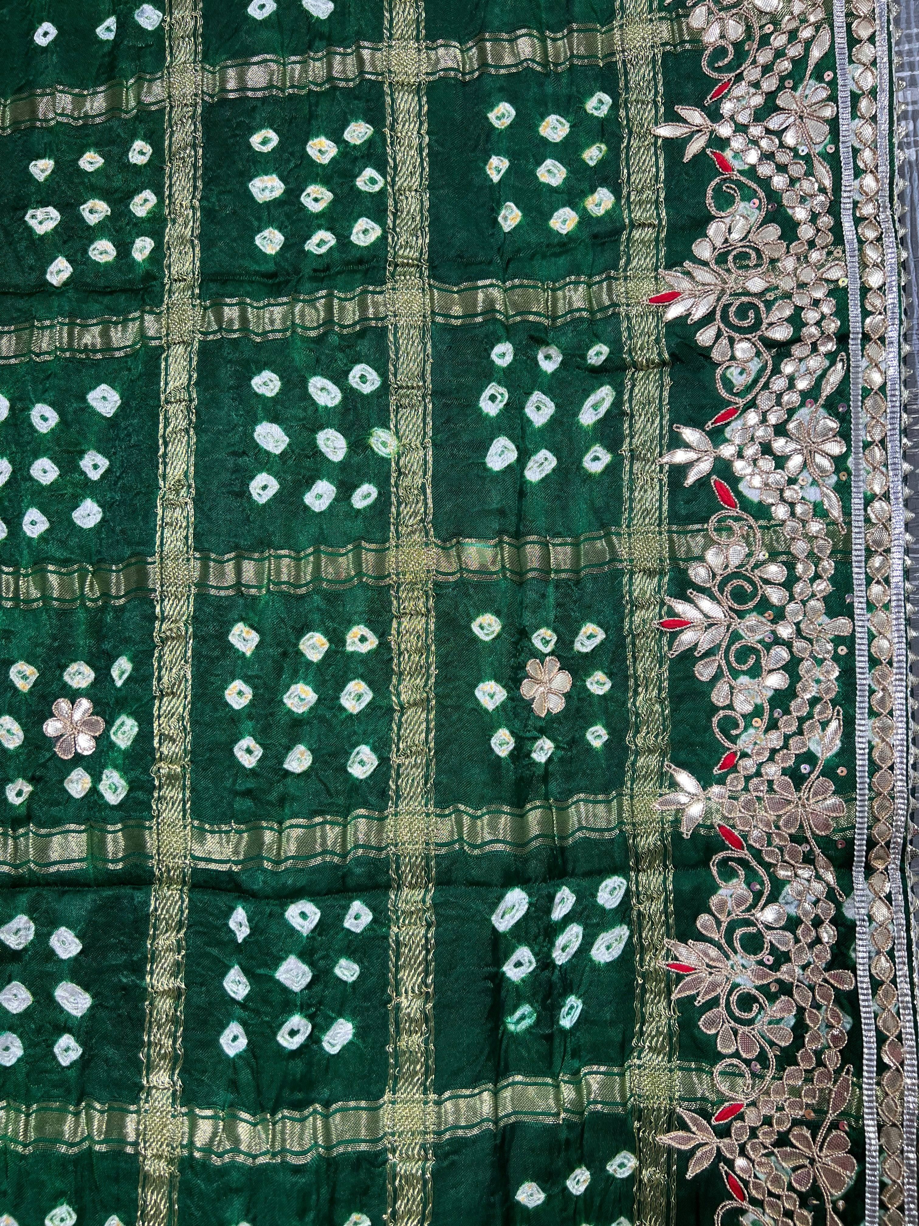 Circle Booty Green Ghatchola Gajji Silk Saree with Gota Patti Work - Ethically Made, Easy Care & Traditional Grandeur - Anita Jain Fashions