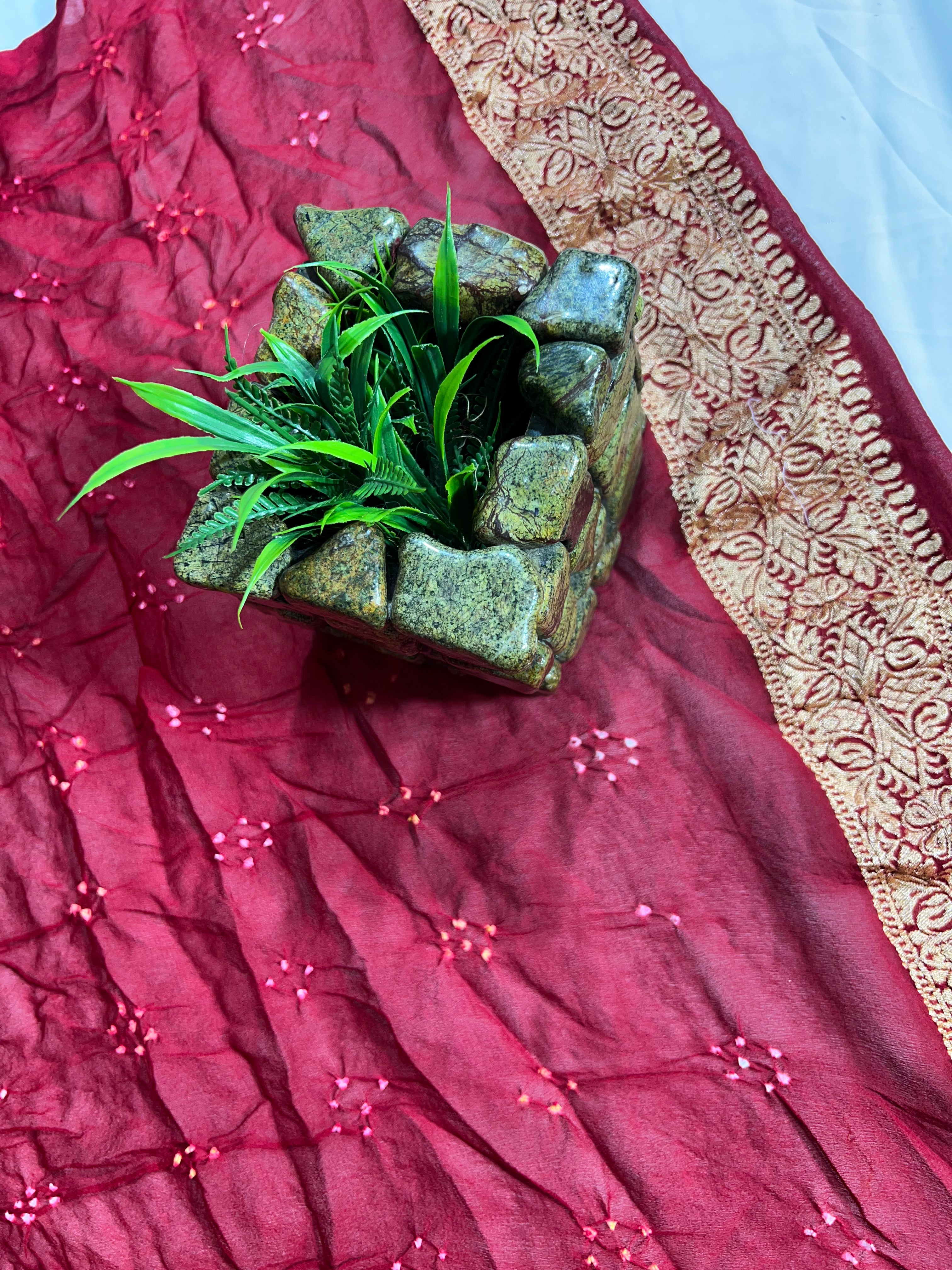 Mehroon Small Leaf Booty Pure Khaddi Georgette Saree - Ethically Made, Timeless Beauty - Anita Jain Fashions