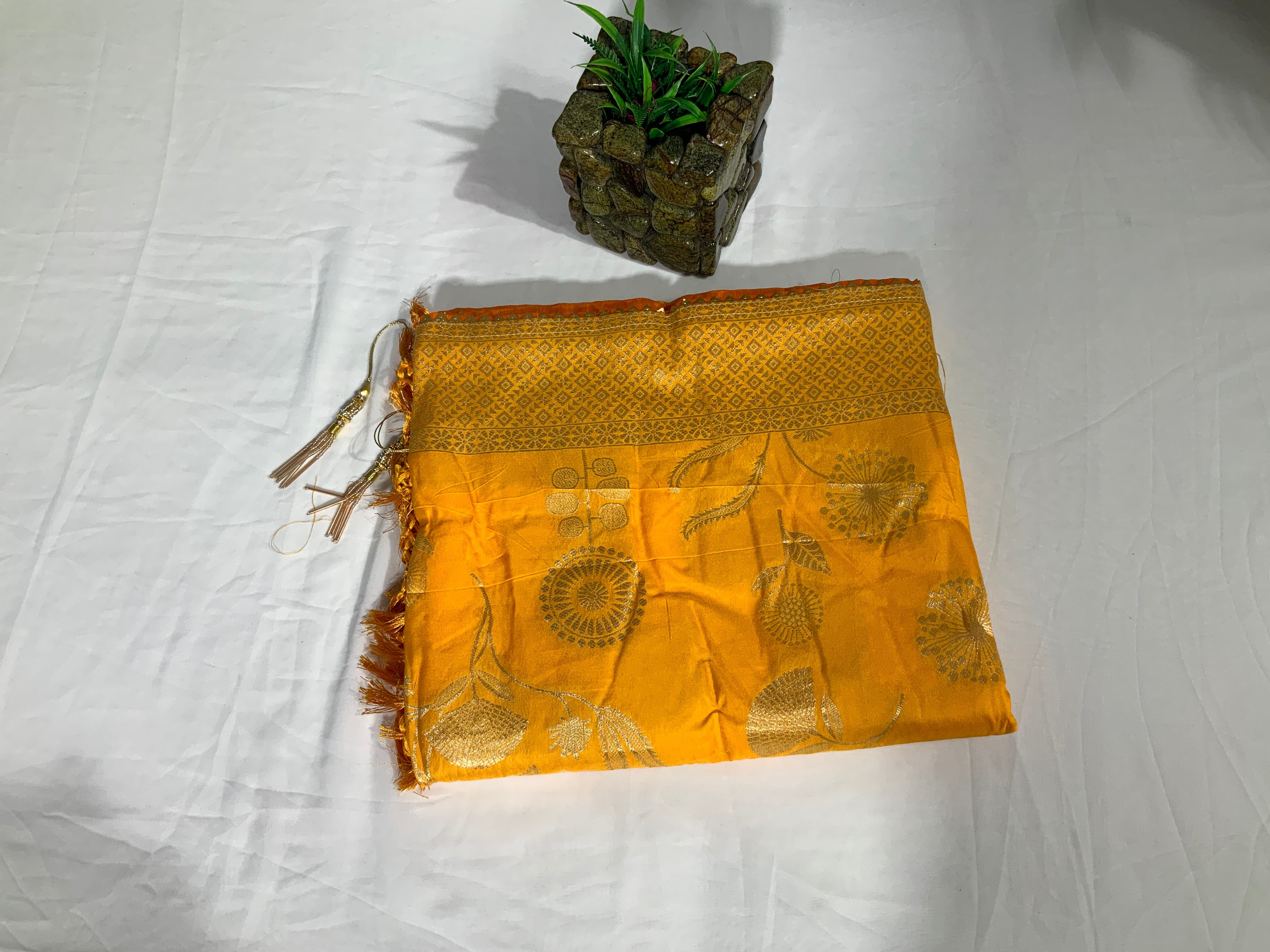 Yellow Pure Viscose Dola Floral Print Saree with Rich Pallu and Resham V Wing - Ethically Made - Anita Jain Fashions