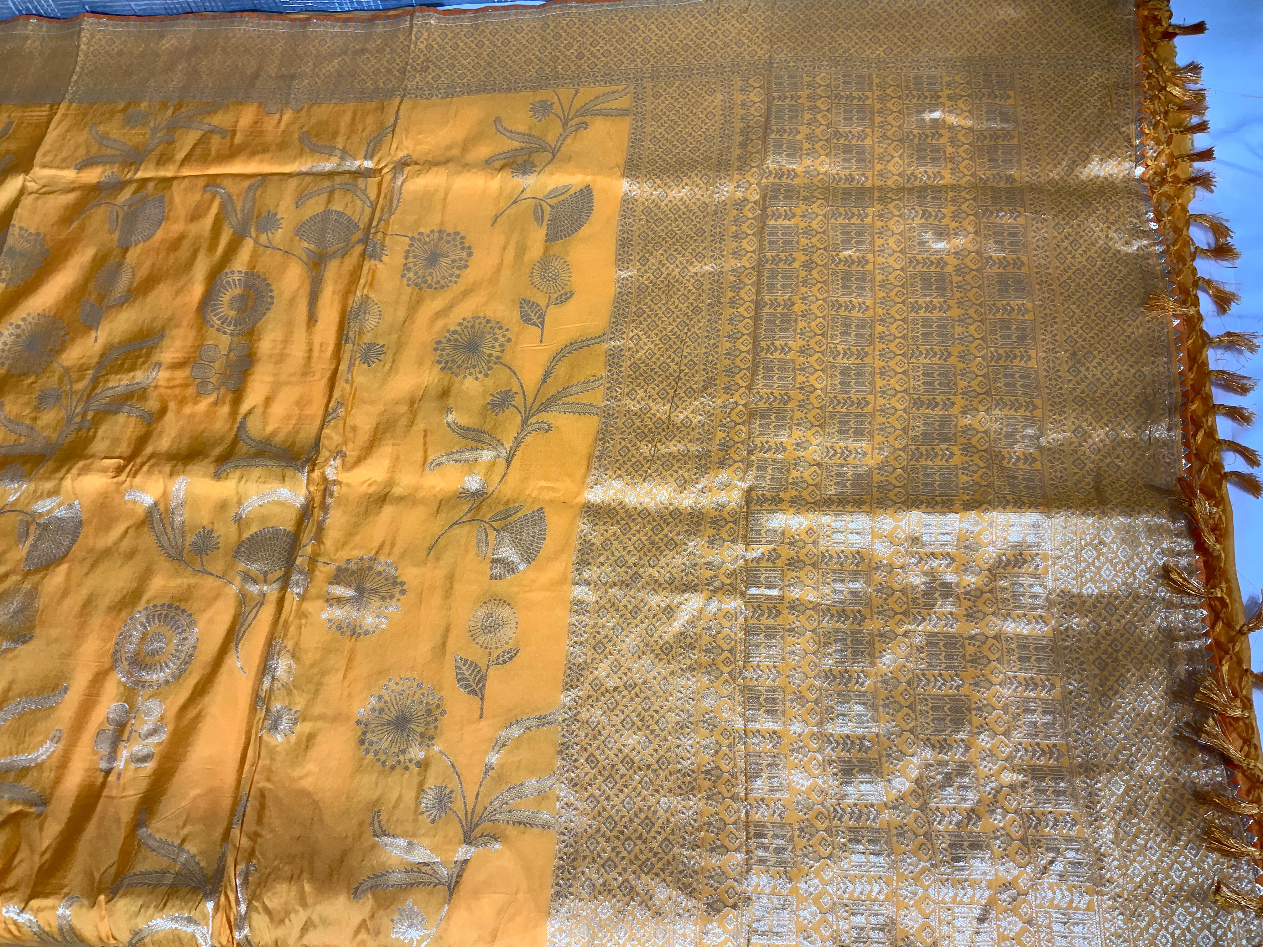 Yellow Pure Viscose Dola Floral Print Saree with Rich Pallu and Resham V Wing - Ethically Made - Anita Jain Fashions