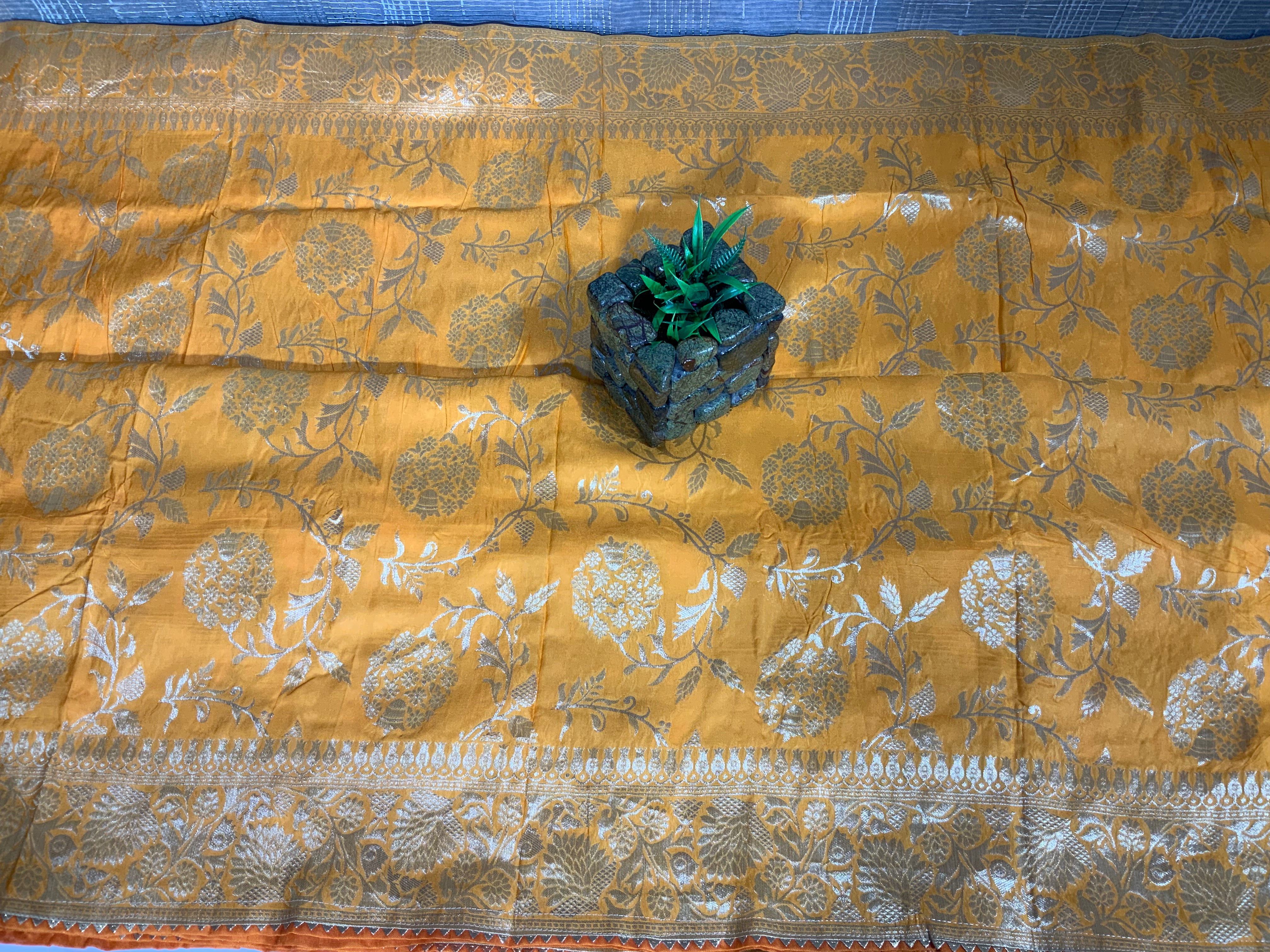 Yellow Pure Viscose Dola Bail Print Saree with Rich Pallu and Resham V Wing - Ethically Made - Anita Jain Fashions