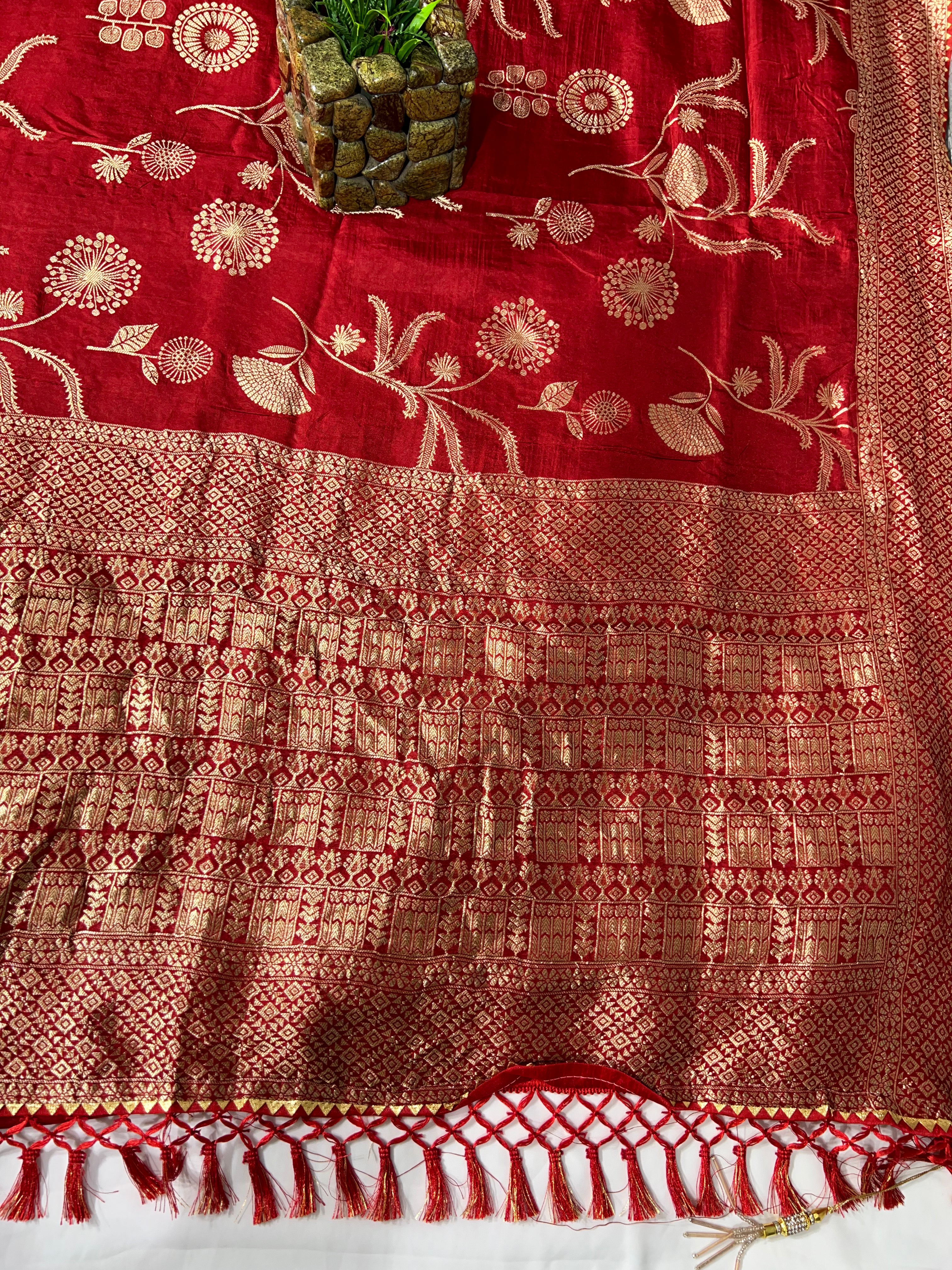 Red Pure Viscose Dola Floral Print Saree with Rich Pallu and Resham V Wing - Anita Jain Fashions