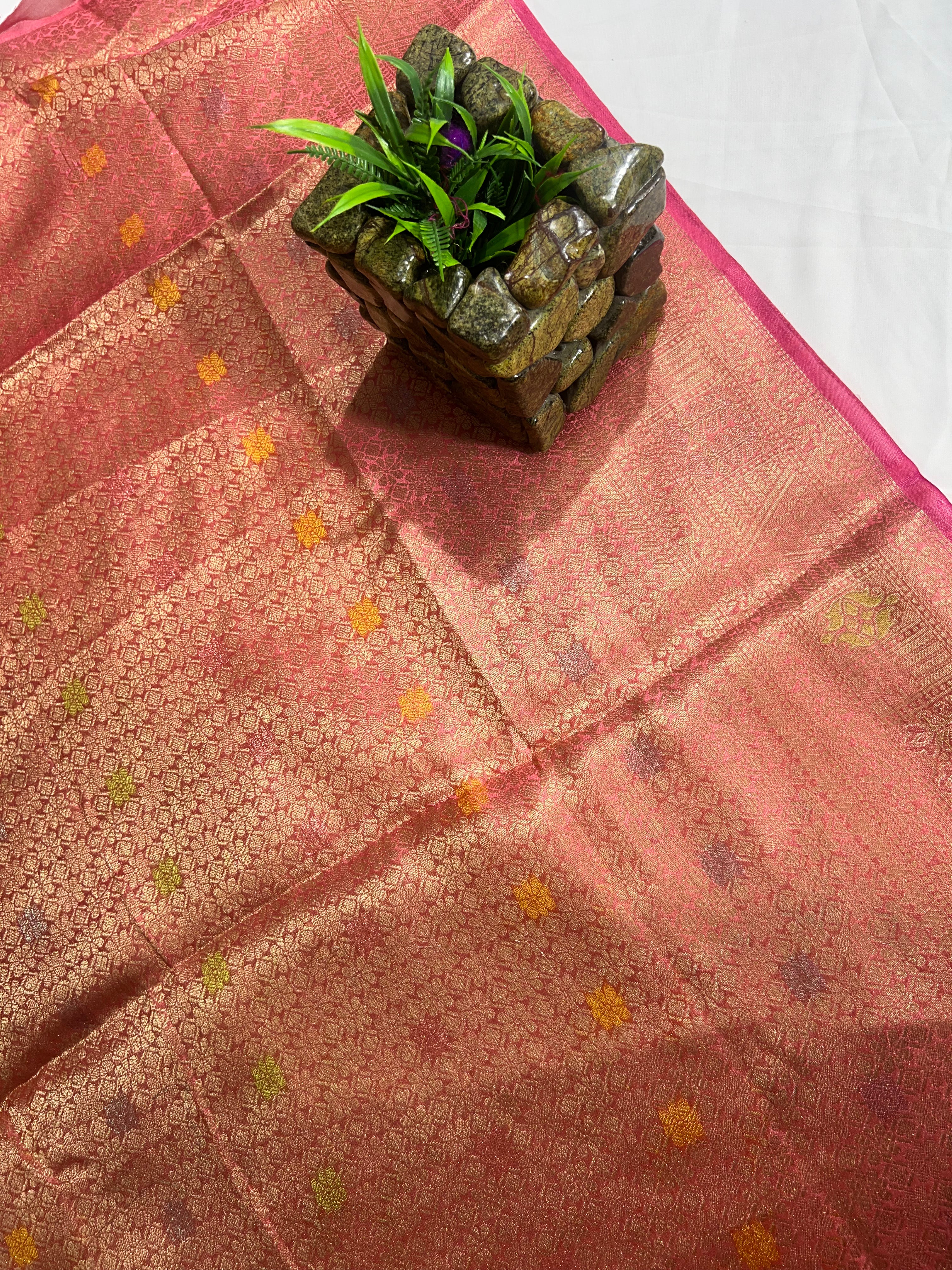 Gajri Pink Organza Saree with Beautiful Zari Pallu & Resham V Wing - Anita Jain Fashions