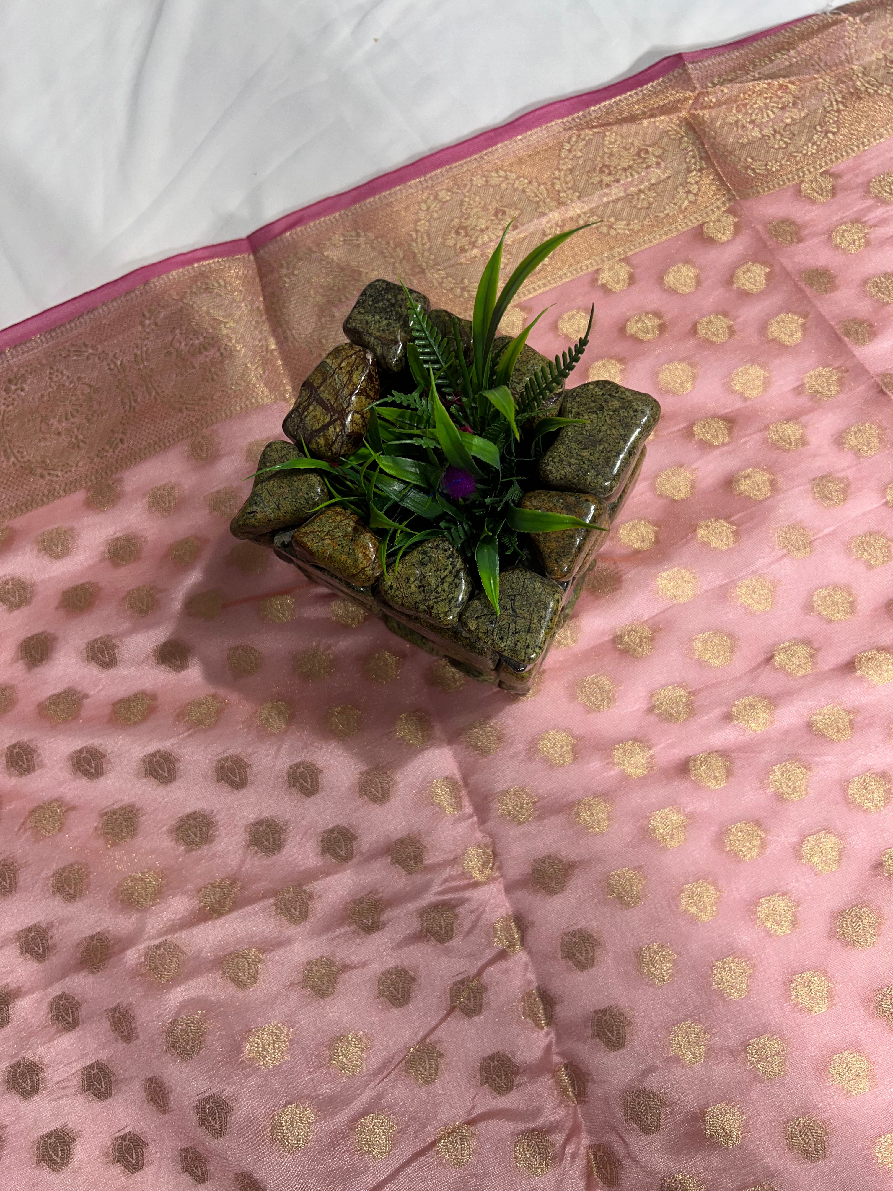 Peachish Pink Organza Saree with Beautiful Zari Pallu & Resham V Wing - Anita Jain Fashions