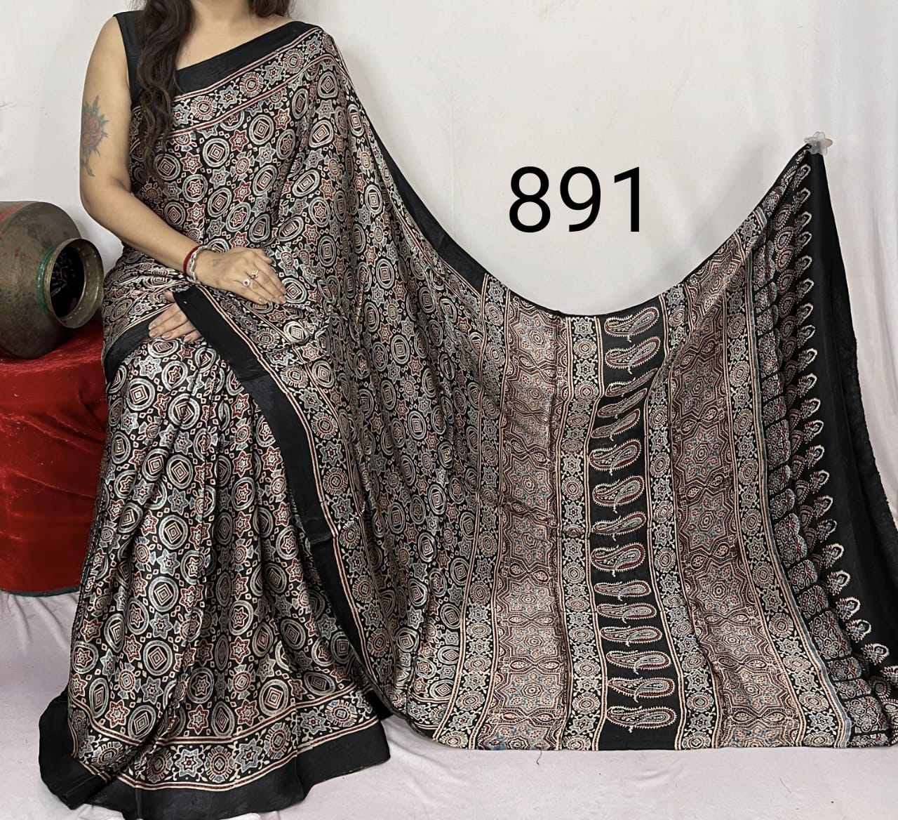 Black Azrakh Print Hand Block Saree with Black Border - Anita Jain Fashions