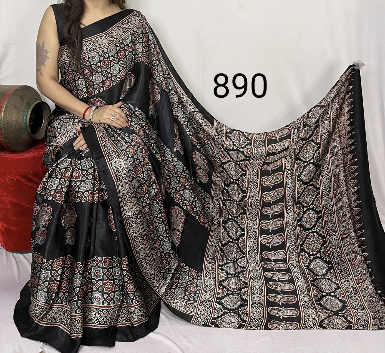 Black & Grey Azrakh Print Hand Block Saree with Black Border - Anita Jain Fashions