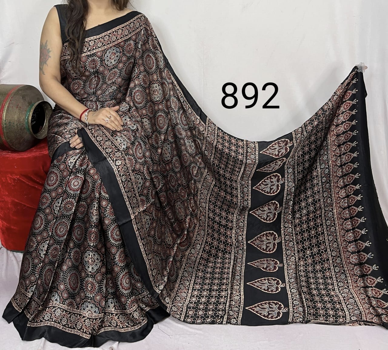 Black Azrakh Print Hand Block Saree with Black Border - Anita Jain Fashions