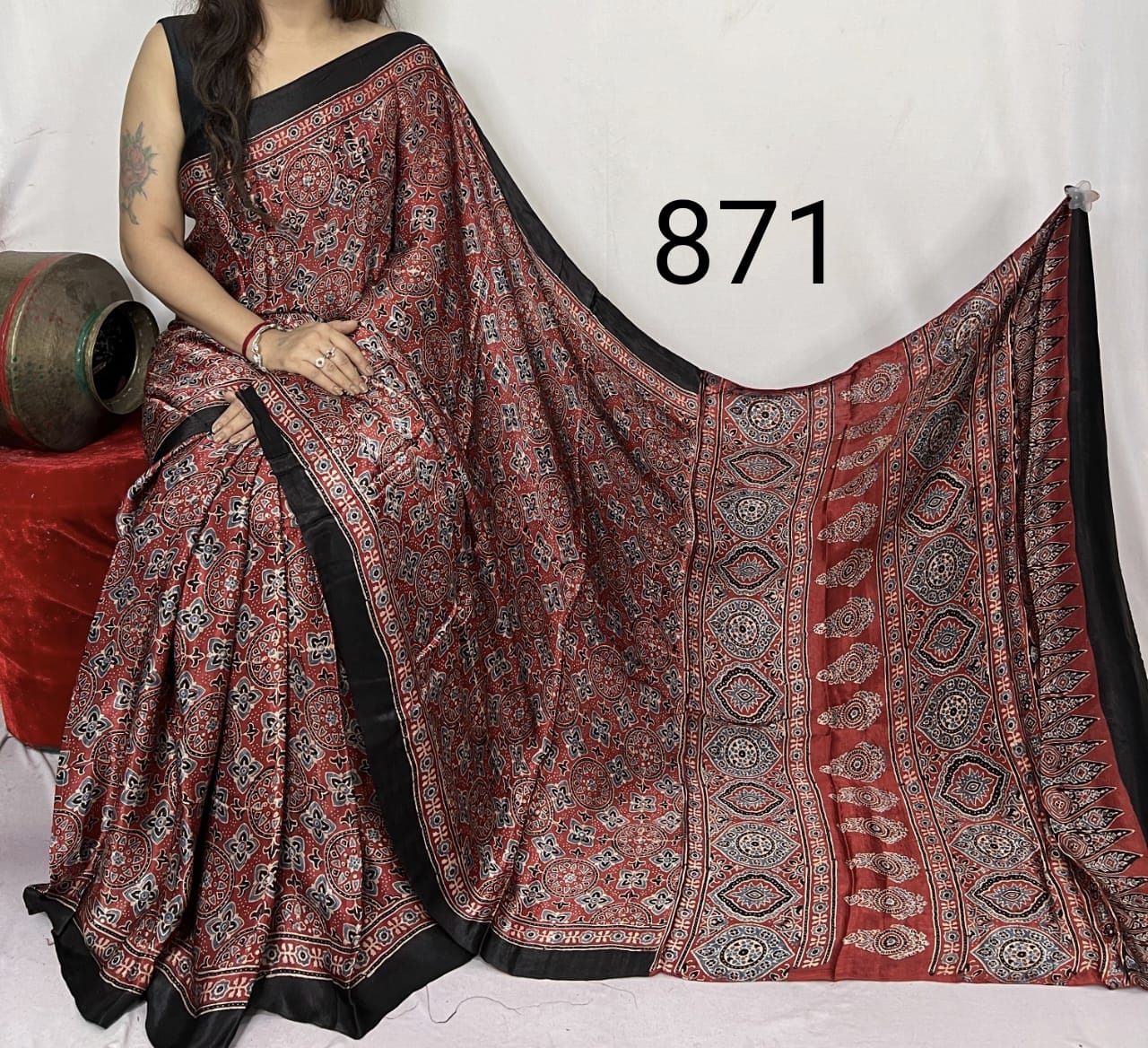 Mehroon Azrakh Print Hand Block Saree with Black Border - Anita Jain Fashions