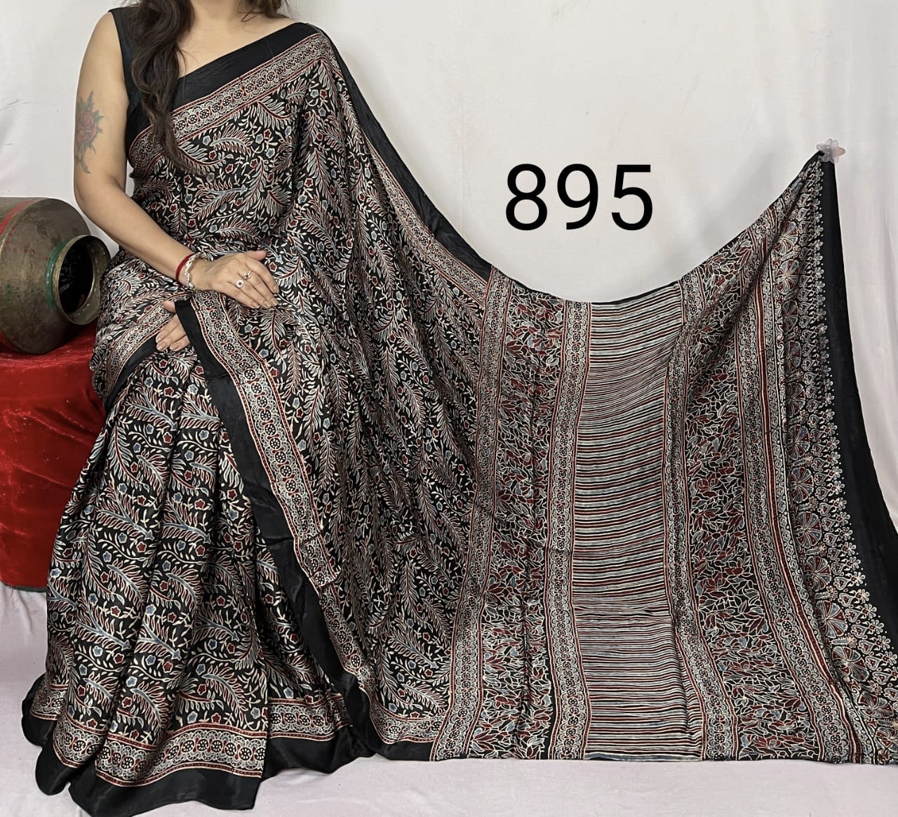 Black Azrakh Print Hand Block Saree with Black Border - Anita Jain Fashions