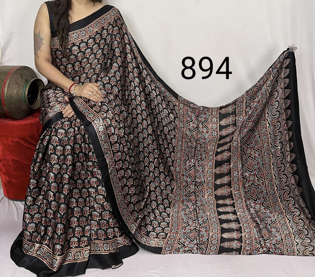 Black Azrakh Print Hand Block Saree with Black Border - Anita Jain Fashions