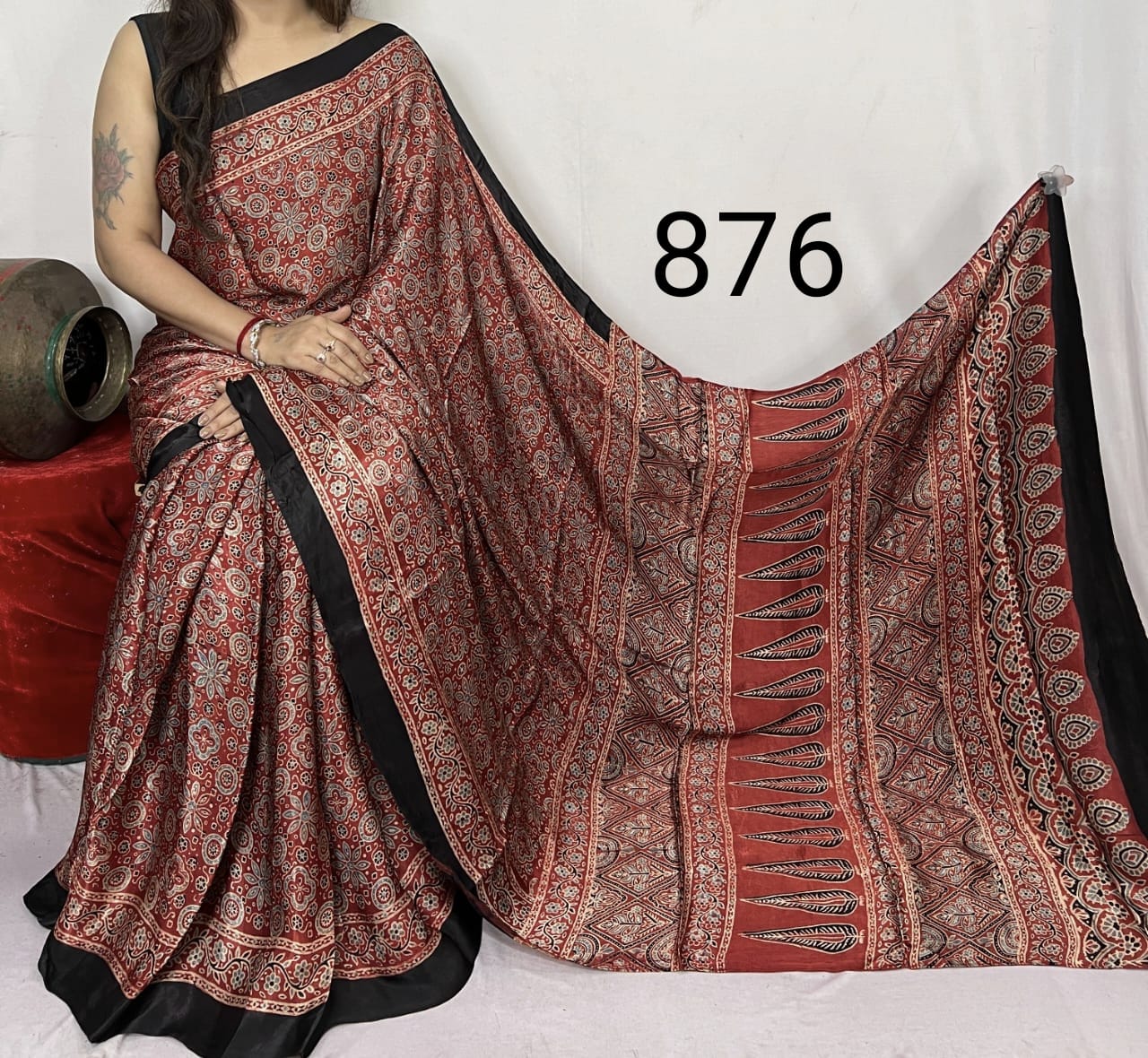 Mehroon Azrakh Print Hand Block Saree with Black Border - Anita Jain Fashions