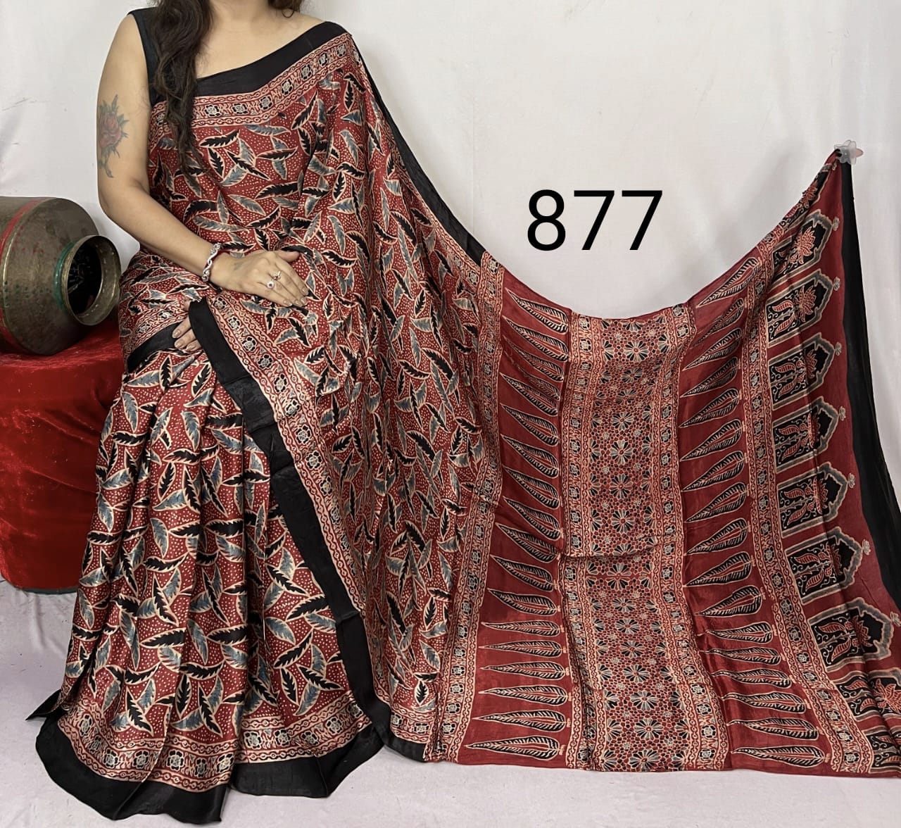 Mehroon Azrakh Print Hand Block Saree with Black Border - Anita Jain Fashions