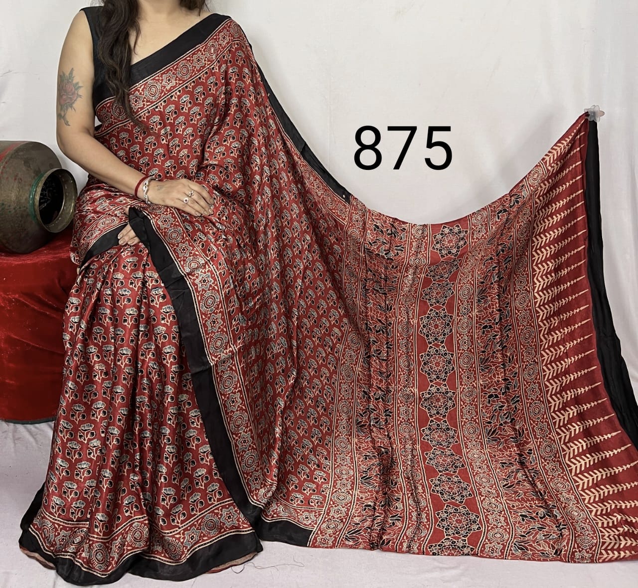 Mehroon Azrakh Print Hand Block Saree with Black Border - Anita Jain Fashions