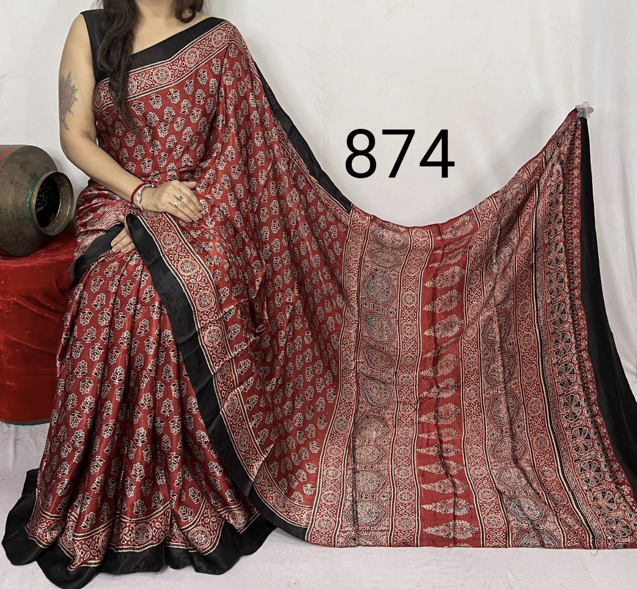 Mehroon Azrakh Print Hand Block Saree with Black Border - Anita Jain Fashions