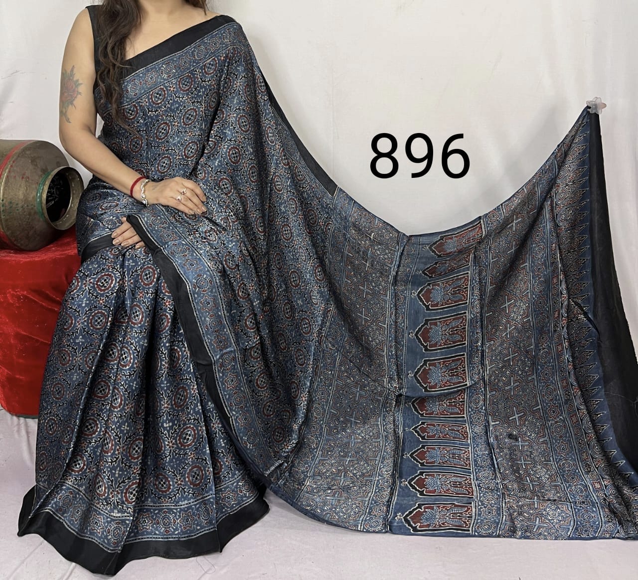 Grey Azrakh Print Hand Block Saree with Black Border - Anita Jain Fashions